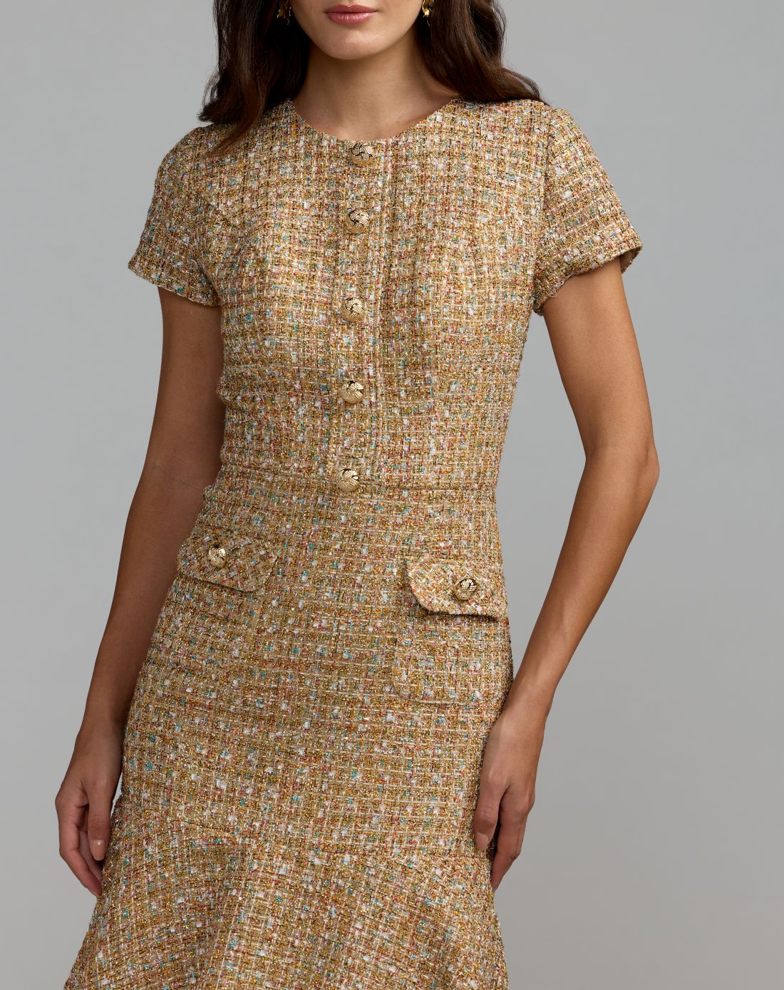 Beige High Neck Short Sleeve Boucle Midi Dress - Mac Duggal