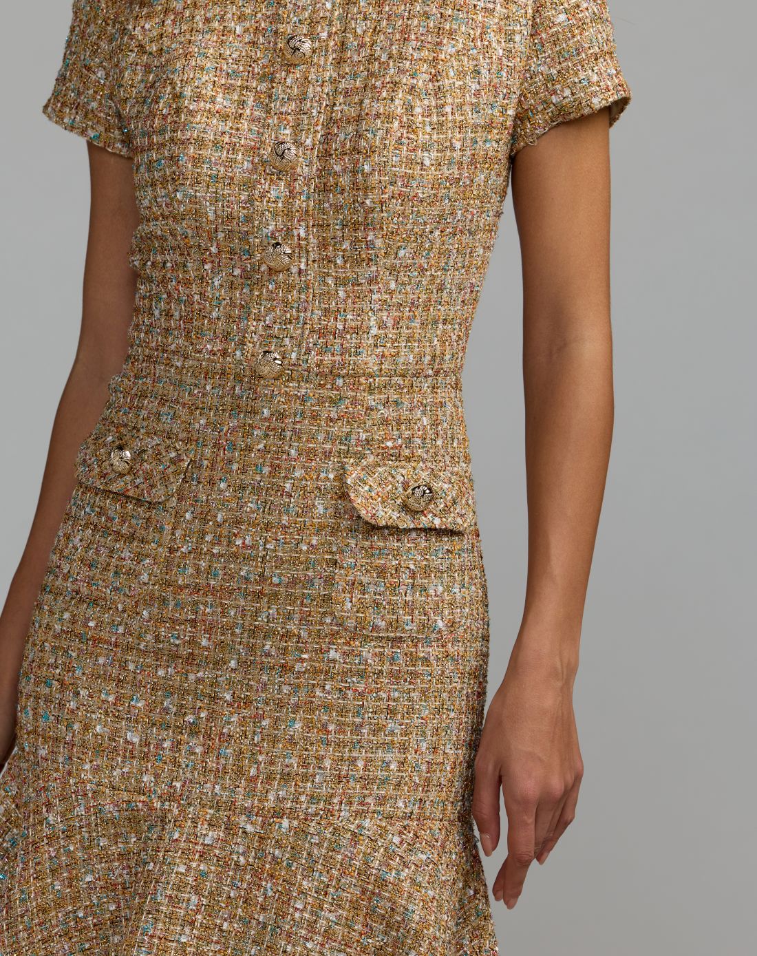 Beige High Neck Short Sleeve Boucle Midi Dress - Mac Duggal
