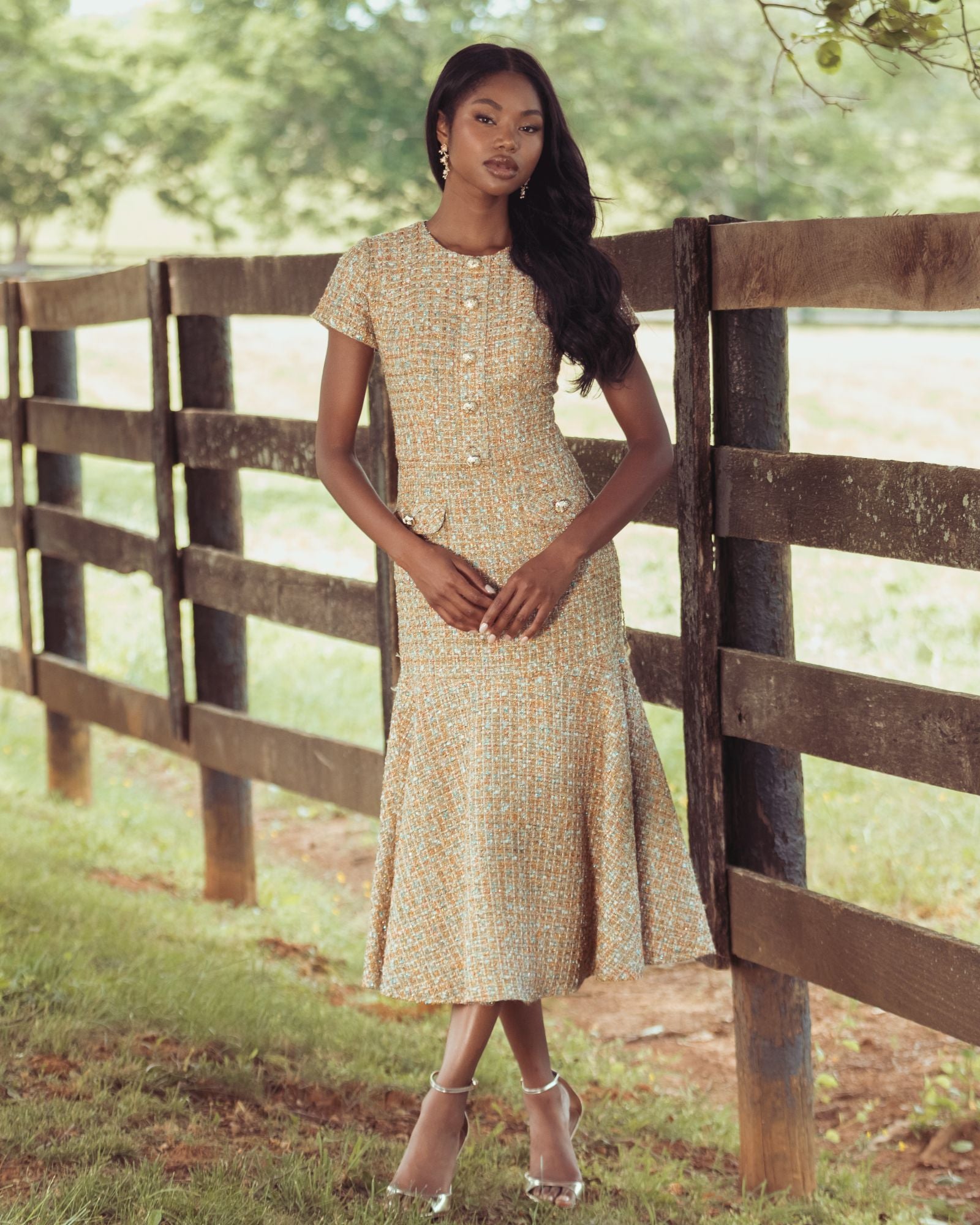 Beige High Neck Short Sleeve Boucle Midi Dress - Mac Duggal