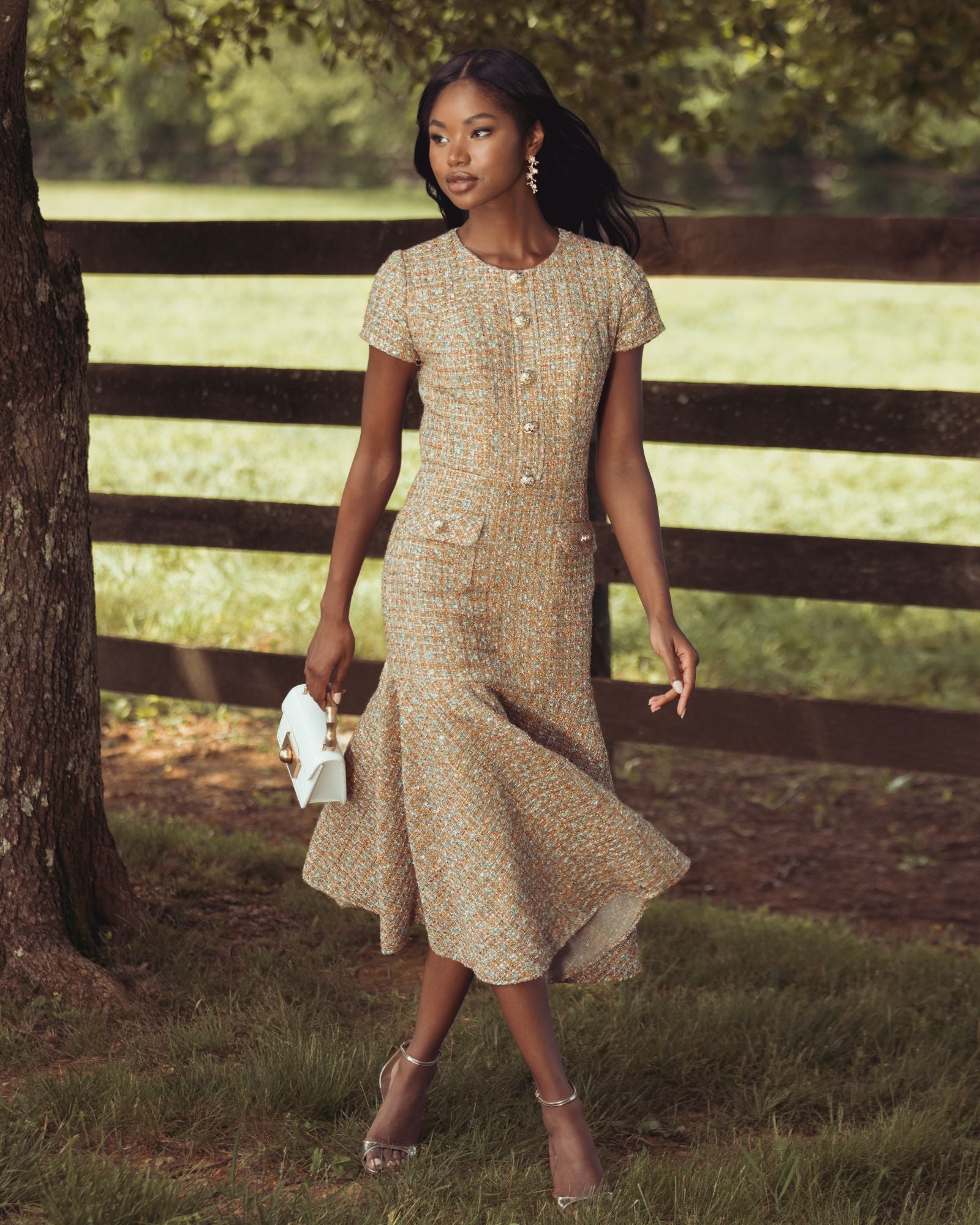Beige High Neck Short Sleeve Boucle Midi Dress - Mac Duggal