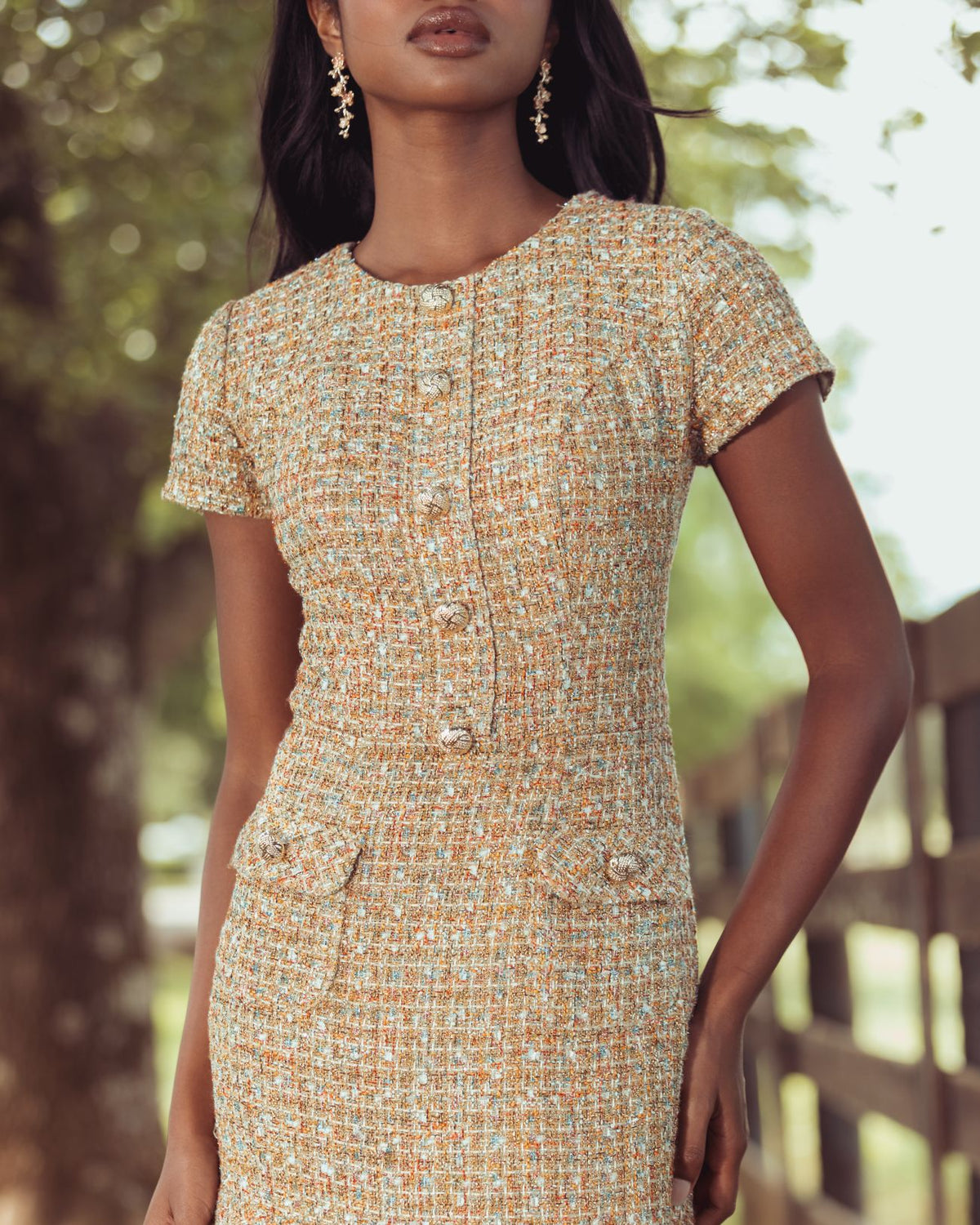 Beige High Neck Short Sleeve Boucle Midi Dress - Mac Duggal