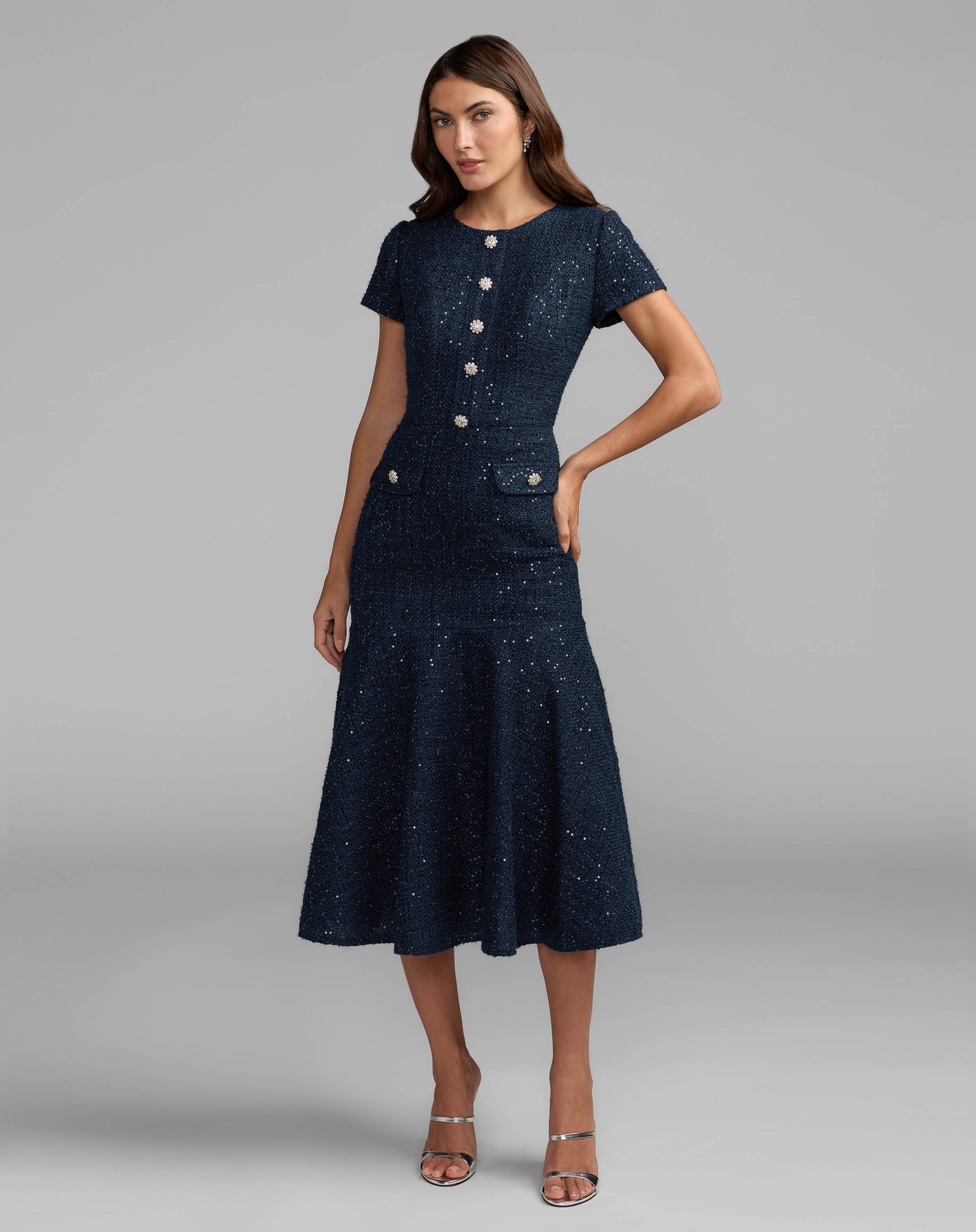 Navy Bouclé Button Front Midi Dress Mac Duggal