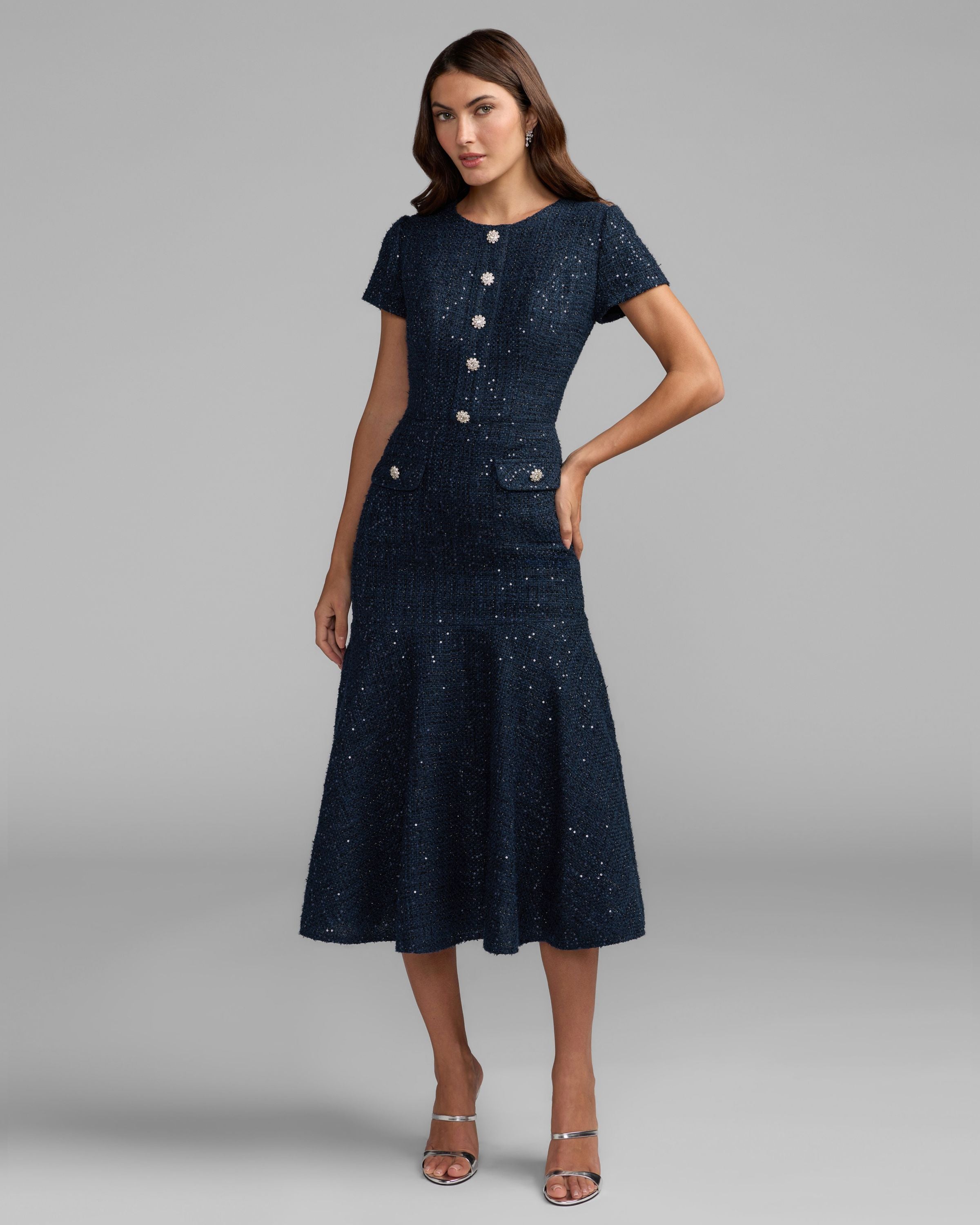 Navy Bouclé Button Front Midi Dress Mac Duggal