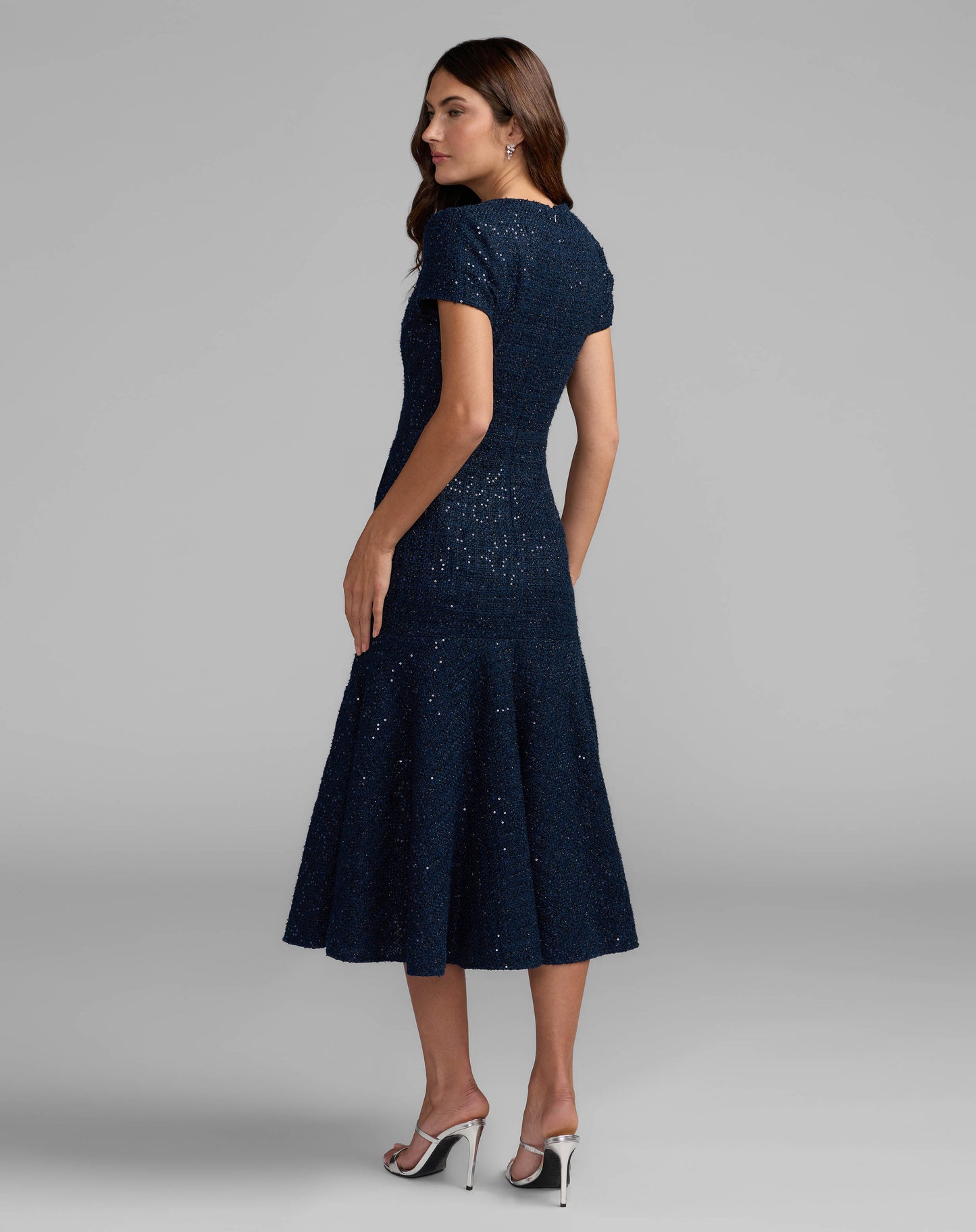 Navy Bouclé Button Front Midi Dress Mac Duggal