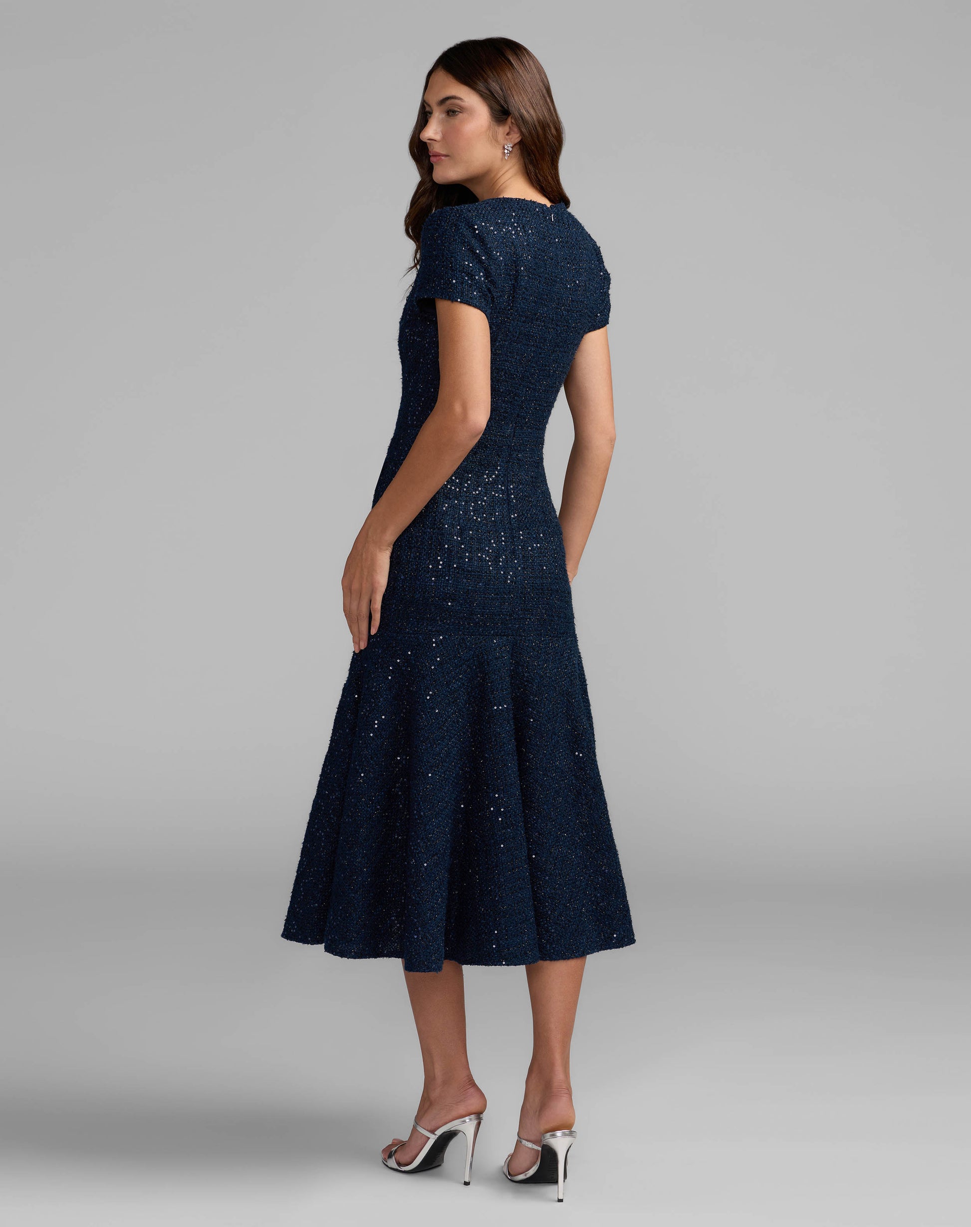 Navy Bouclé Button Front Midi Dress Mac Duggal