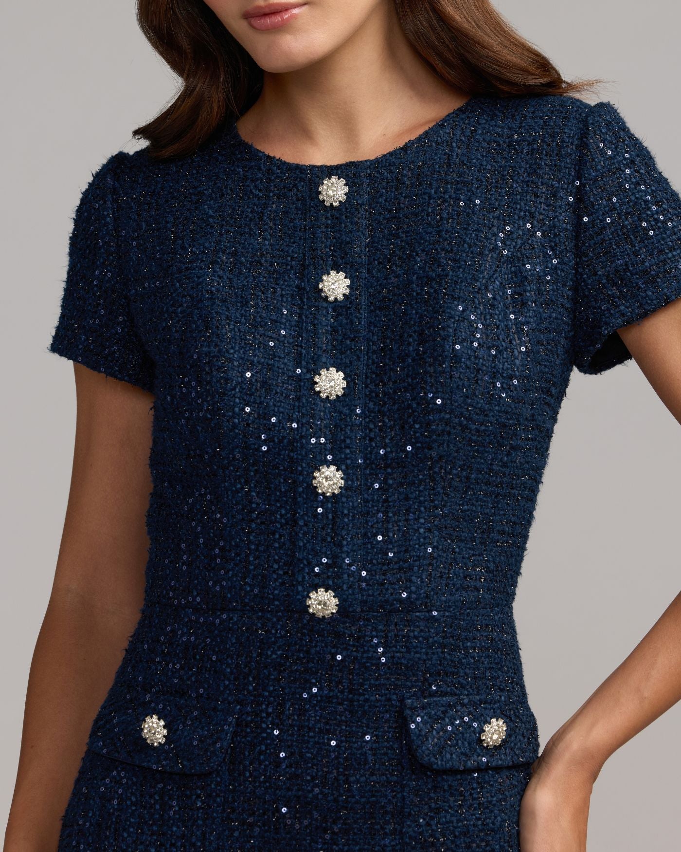 Navy Bouclé Button Front Midi Dress Mac Duggal