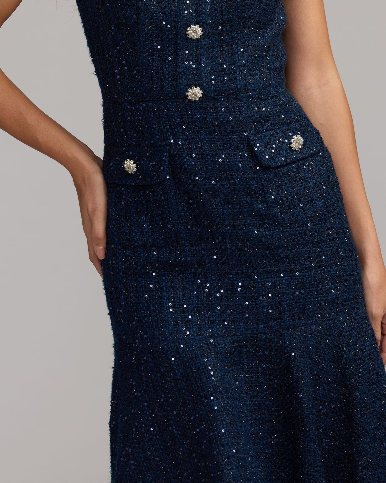 Navy Bouclé Button Front Midi Dress Mac Duggal