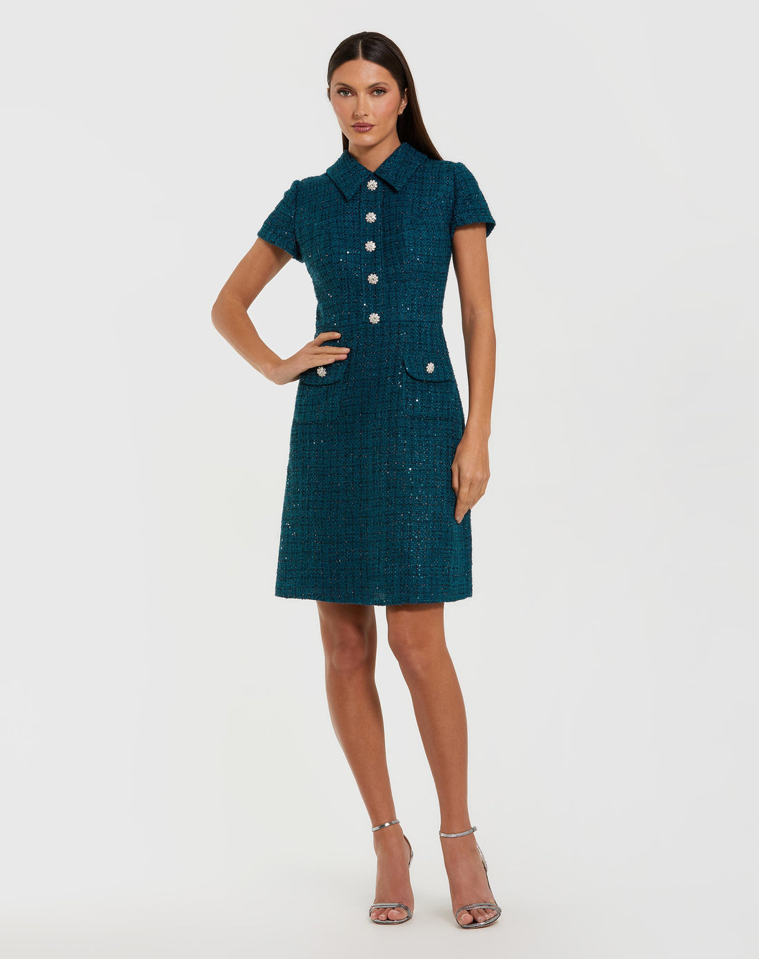 Teal Short Sleeve Collared Boucle Mini Dress