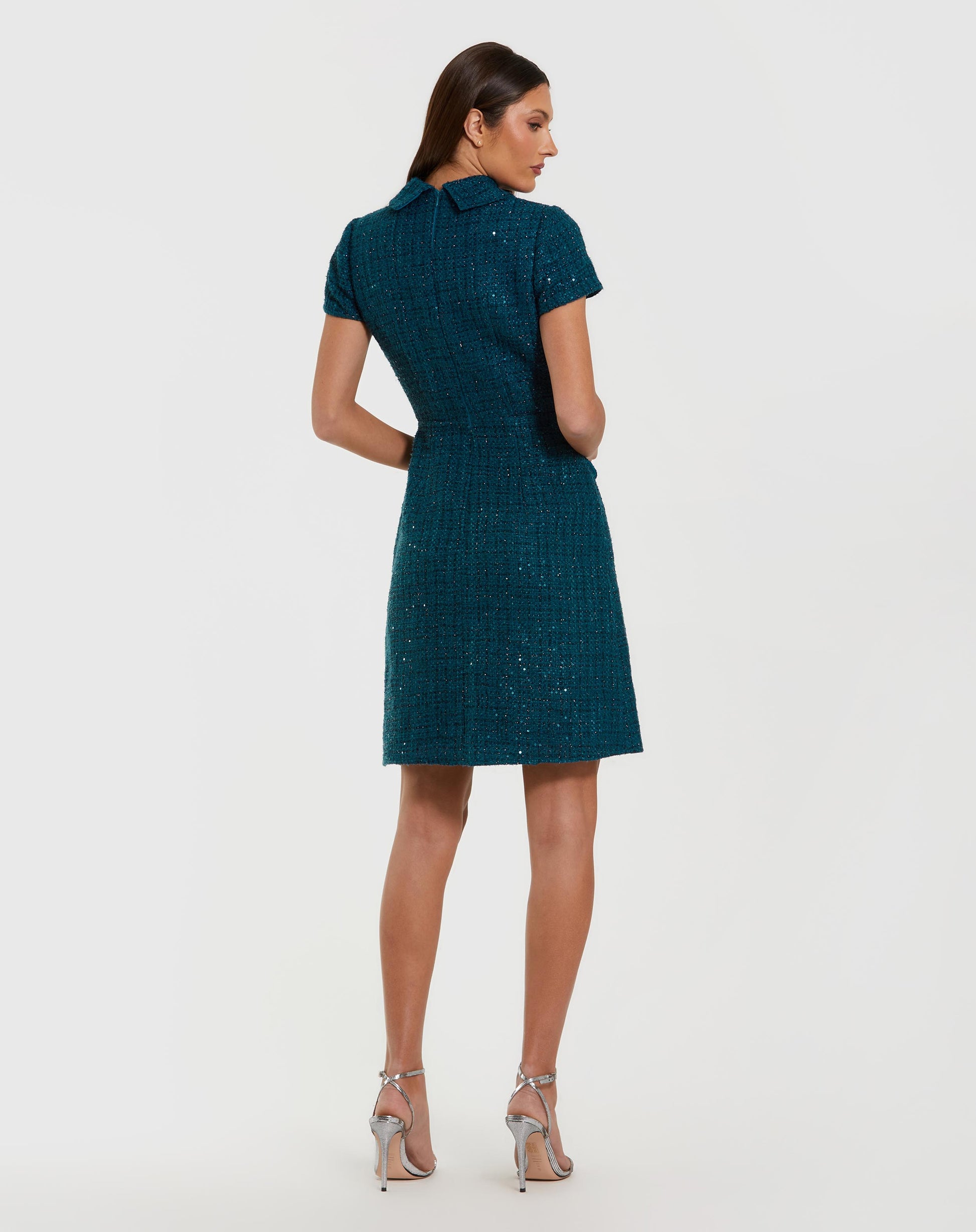 Teal Short Sleeve Collared Boucle Mini Dress - Mac Duggal