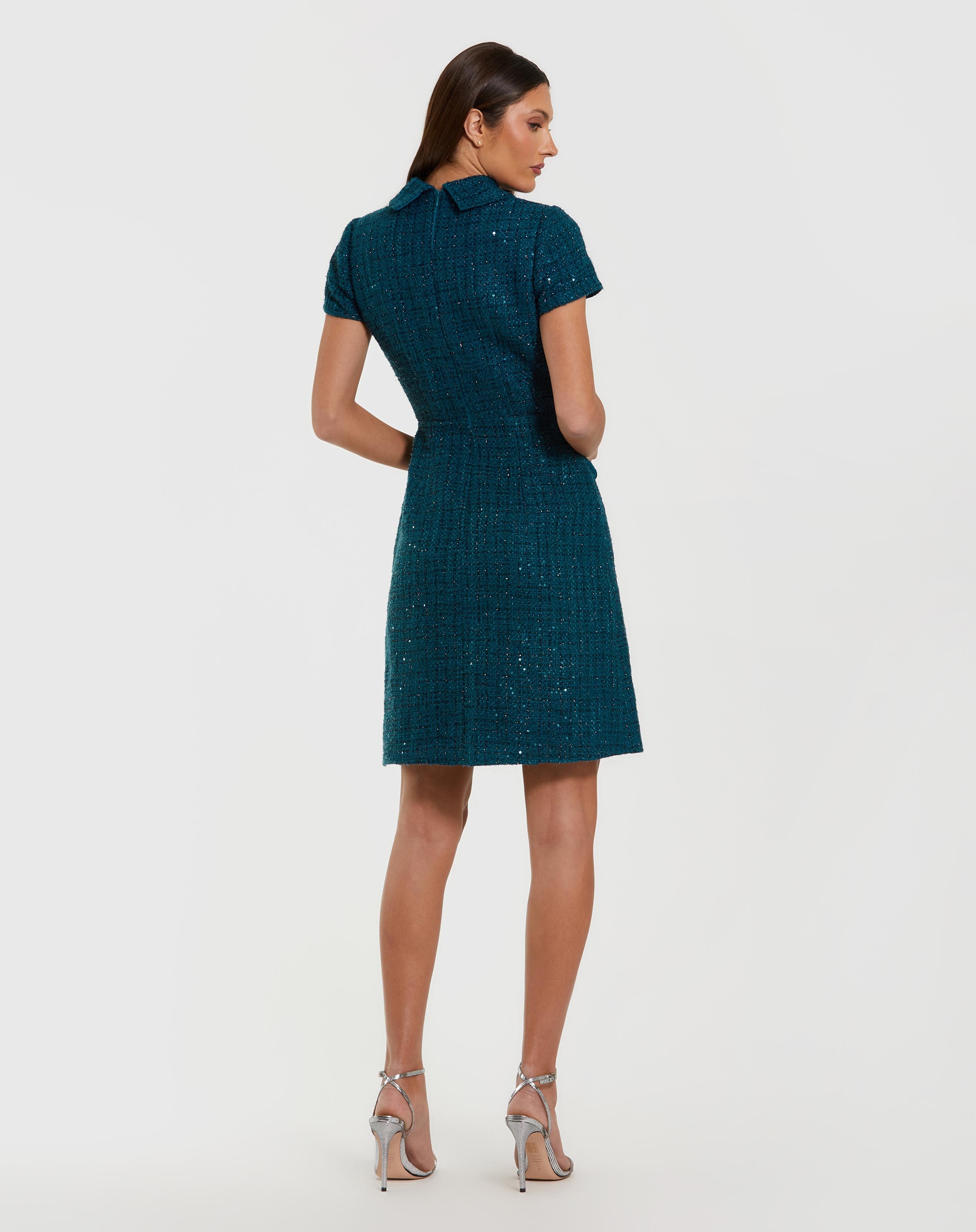Teal Short Sleeve Collared Boucle Mini Dress - Mac Duggal