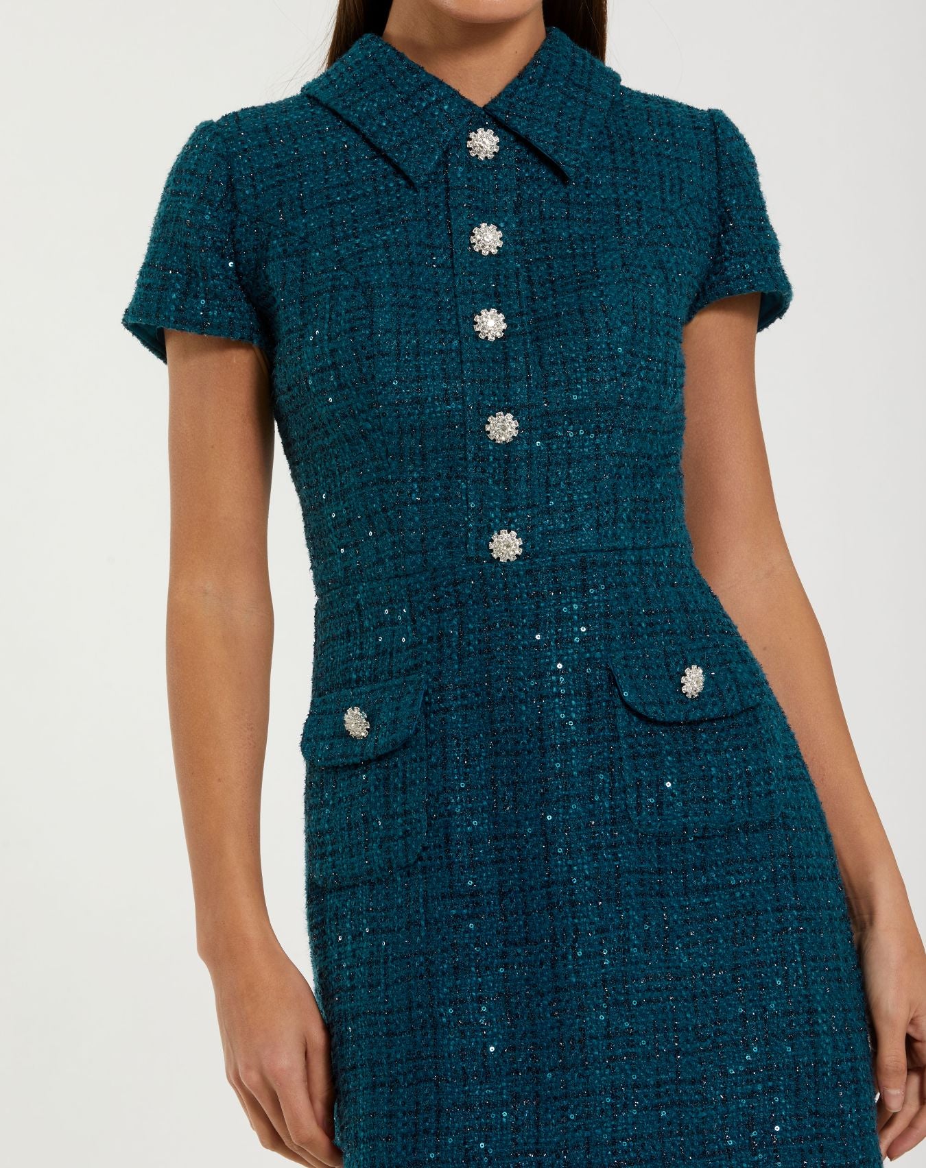 Teal Short Sleeve Collared Boucle Mini Dress - Mac Duggal