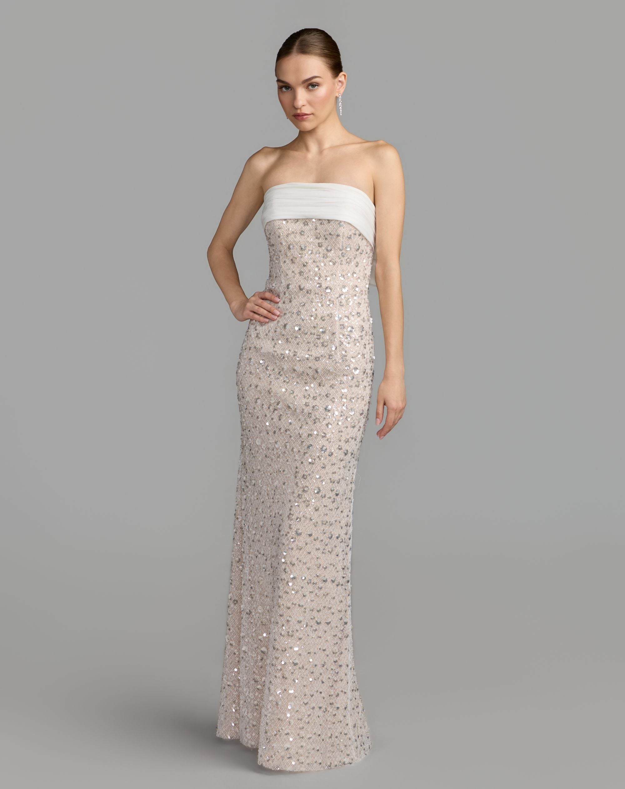 Ivory Strapless Embellished Column Gown With Bow - Mac Duggal