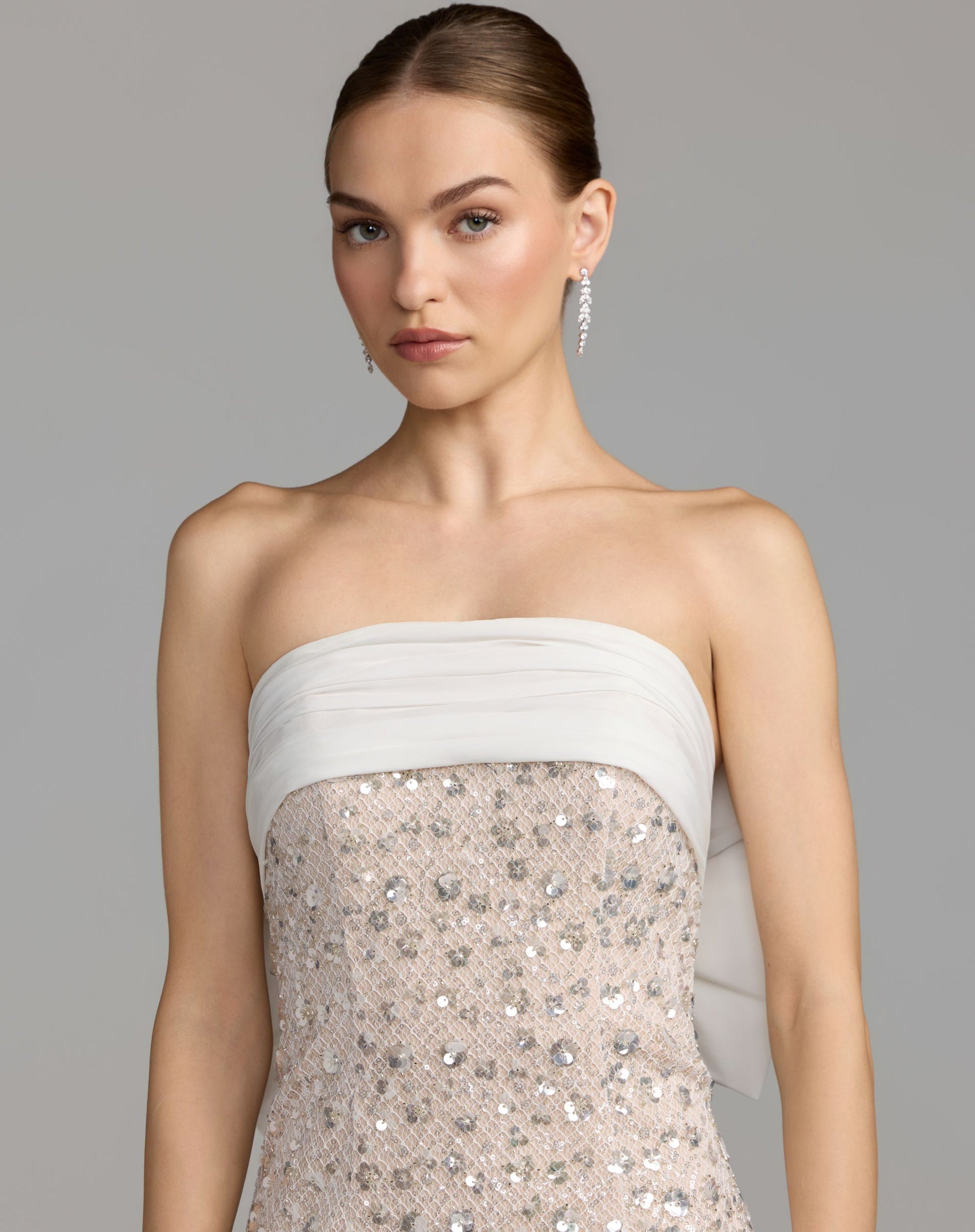 Ivory Strapless Embellished Column Gown With Bow - Mac Duggal