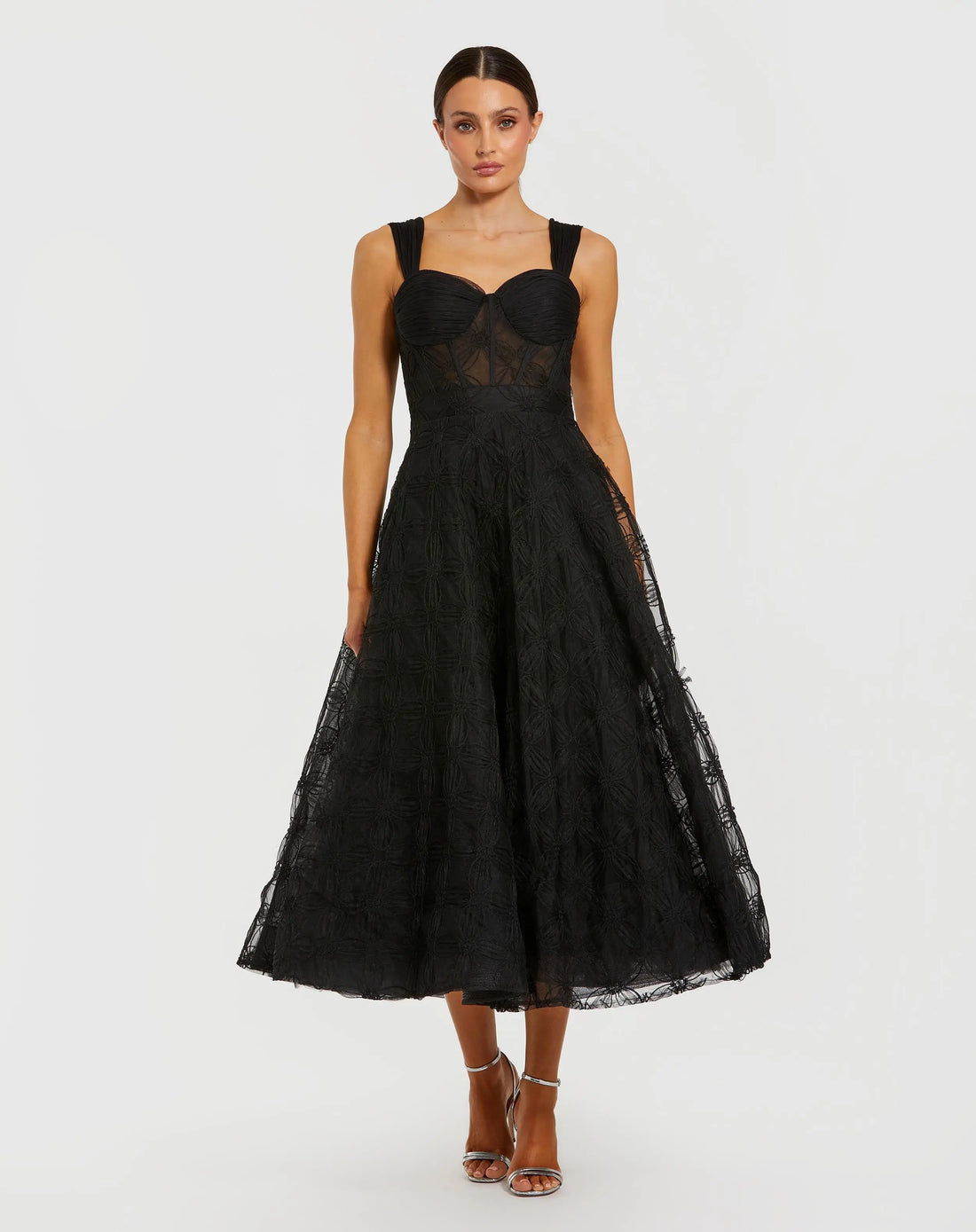 Black Bustier Sleeveless A-Line Tulle Midi Dress | Mac Duggal Black Bustier Sleeveless A-Line Tulle Midi Dress | Mac Duggal