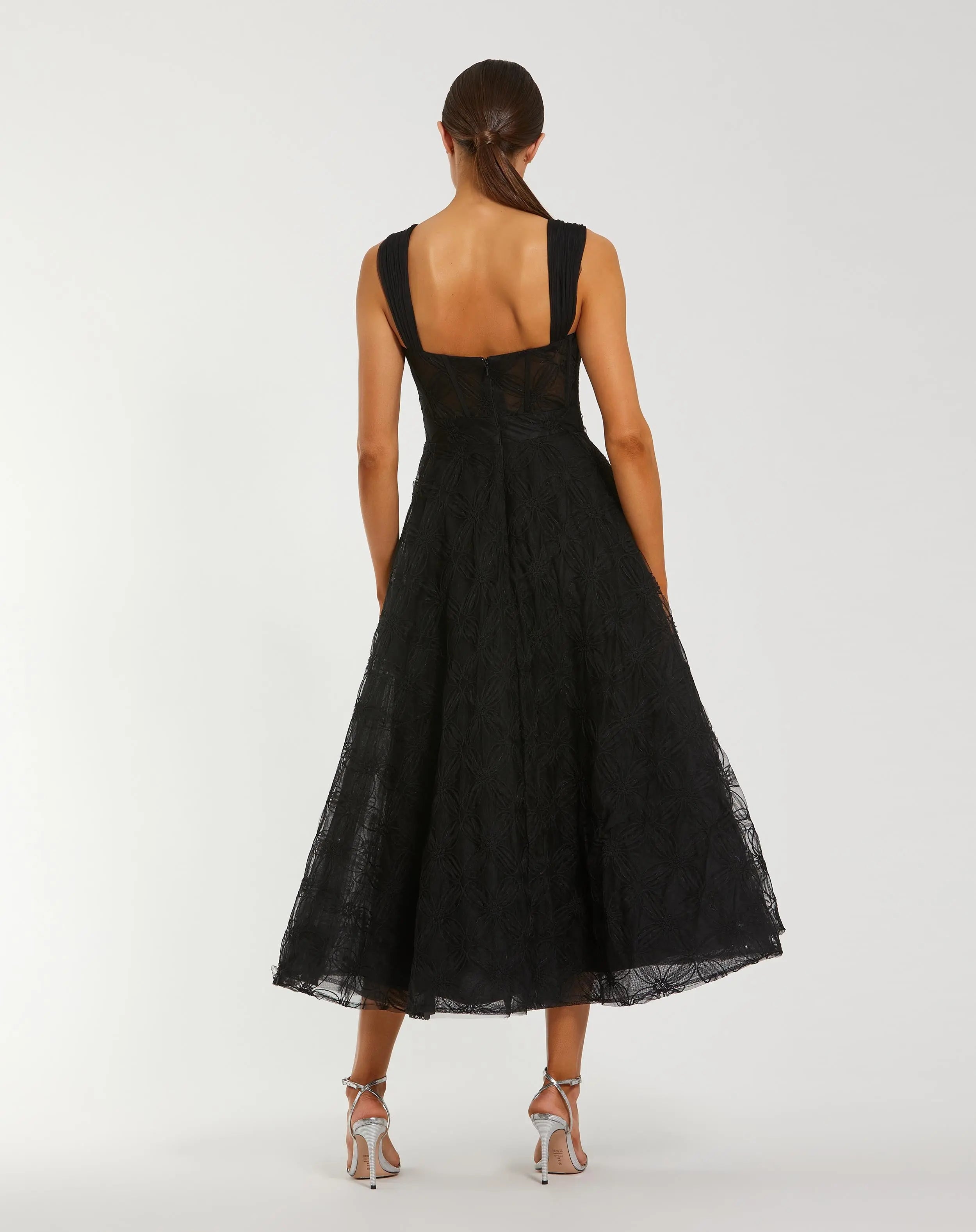 Black Bustier Sleeveless A-Line Tulle Midi Dress - Ieena for Mac Duggal