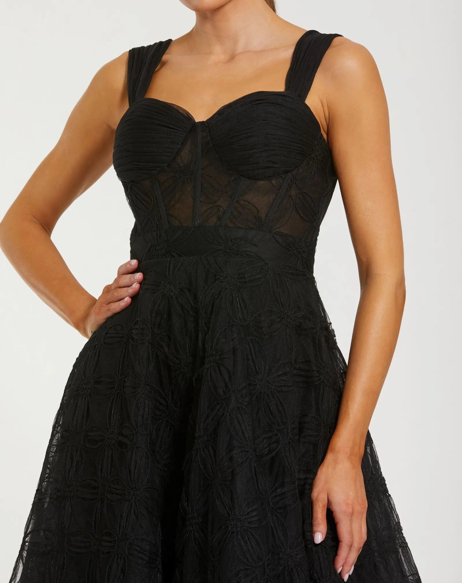 Black Bustier Sleeveless A-Line Tulle Midi Dress Ieena for Mac Duggal