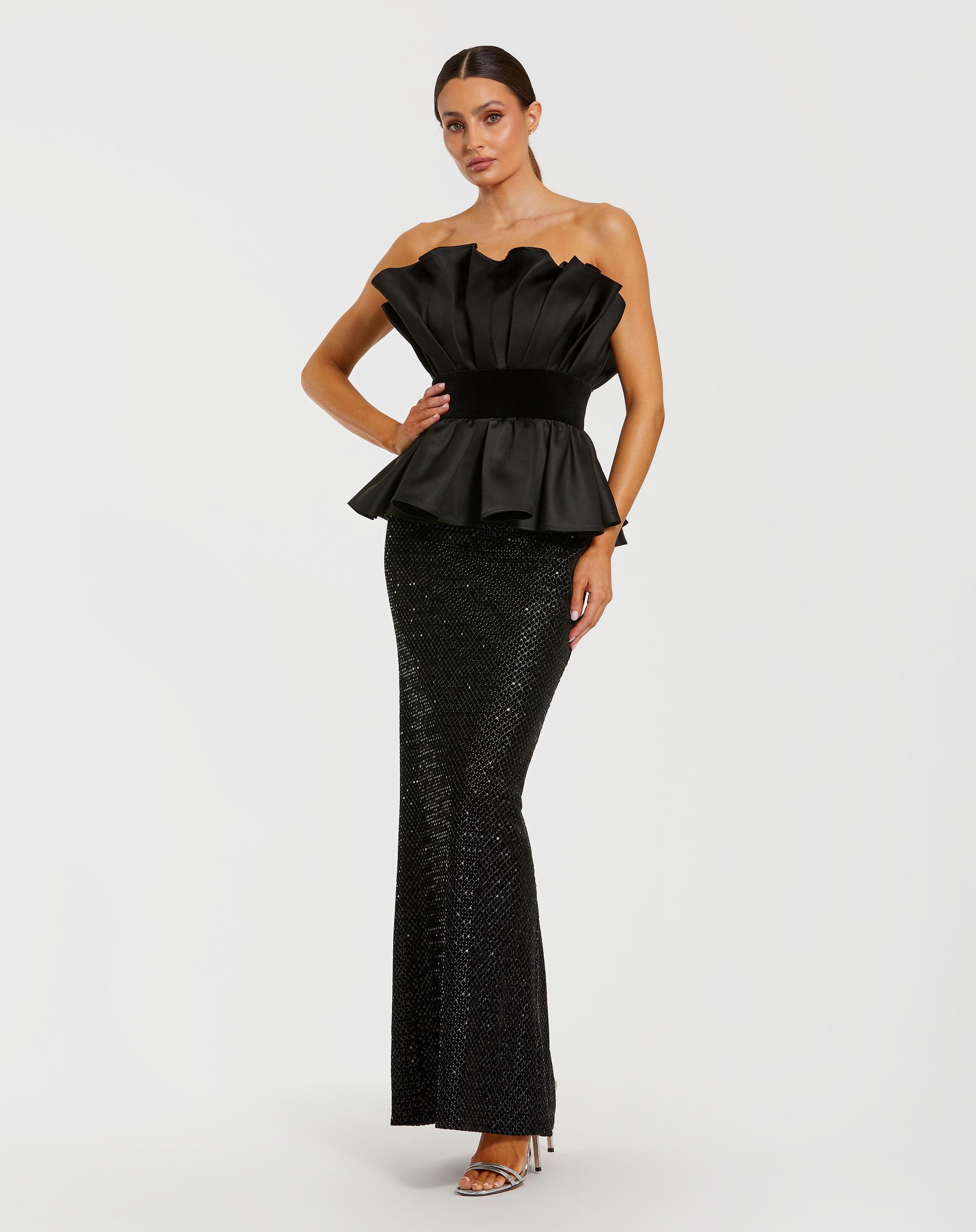 Black Strapless Satin Peplum Sequin Column Gown - Mac Duggal