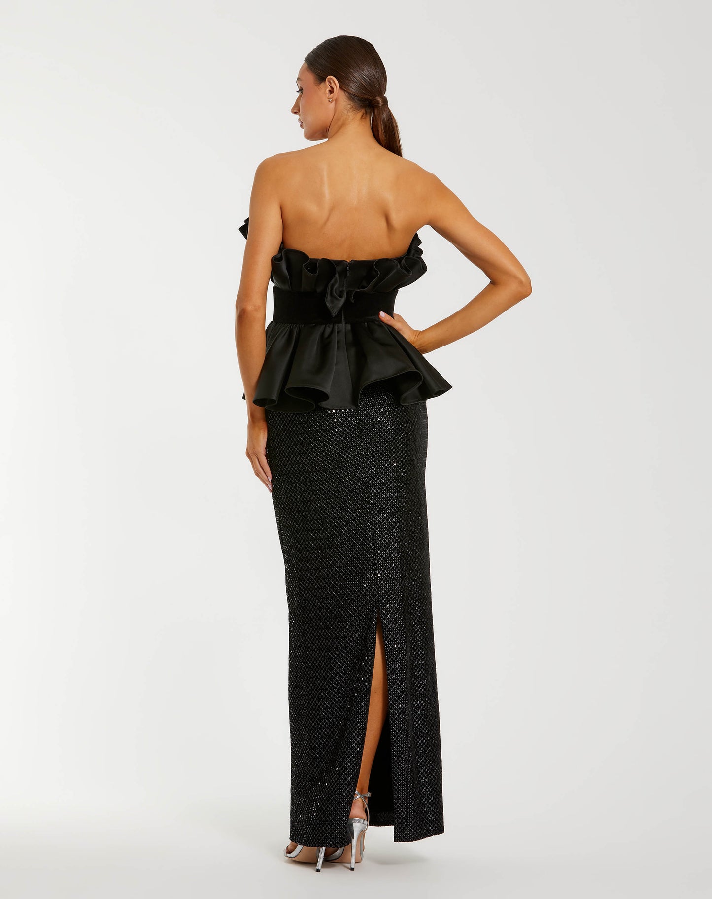 Black Strapless Satin Peplum Sequin Column Gown - Mac Duggal