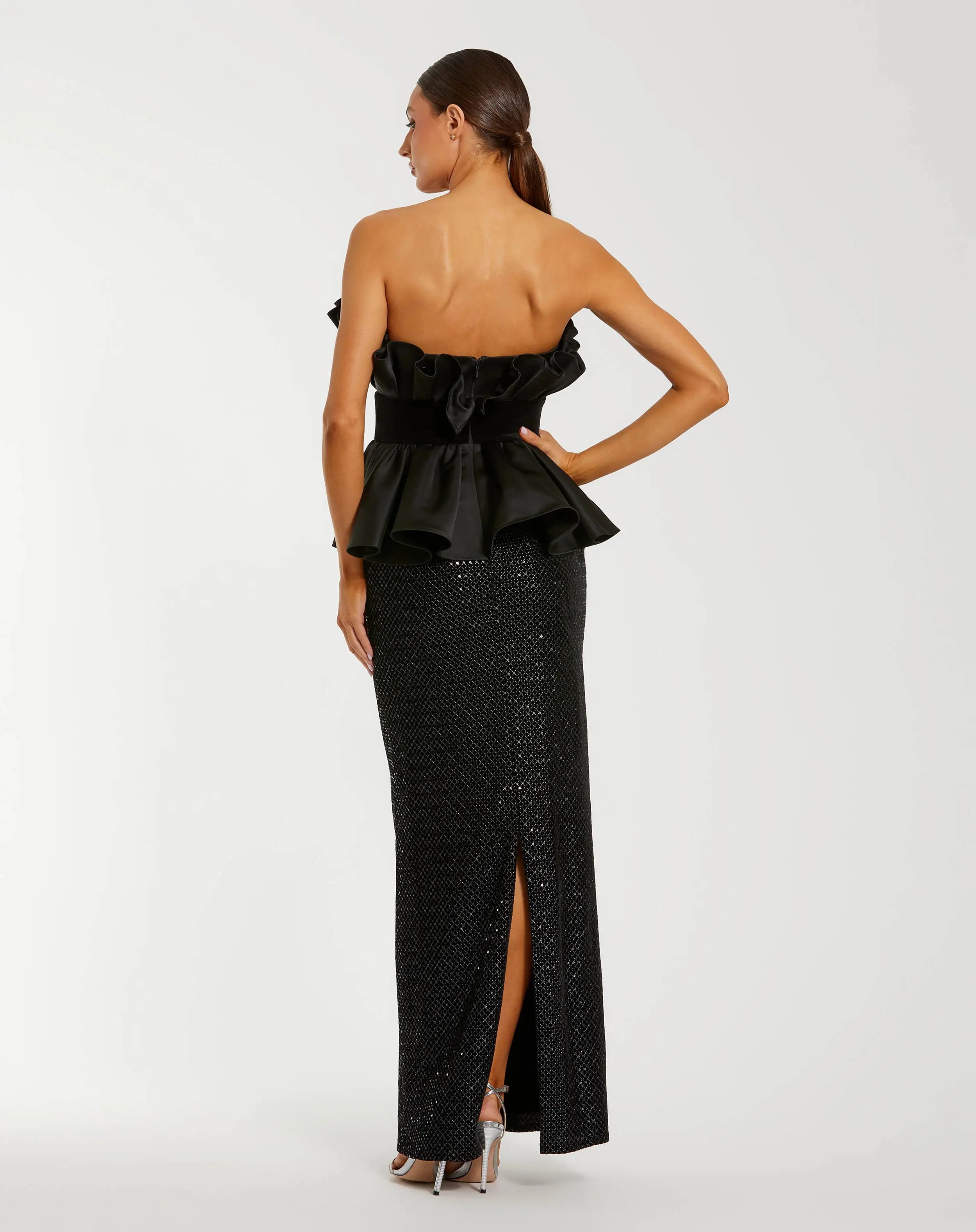 Black Strapless Satin Peplum Sequin Column Gown - Mac Duggal