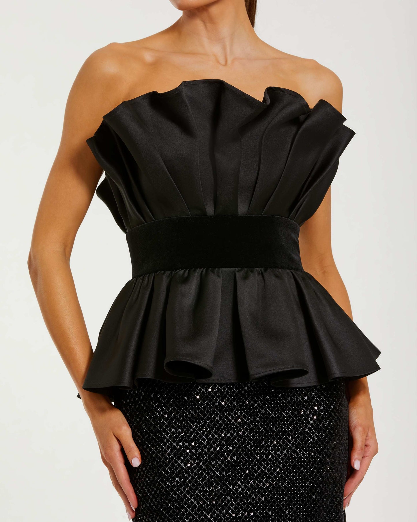 Black Strapless Satin Peplum Sequin Column Gown - Mac Duggal