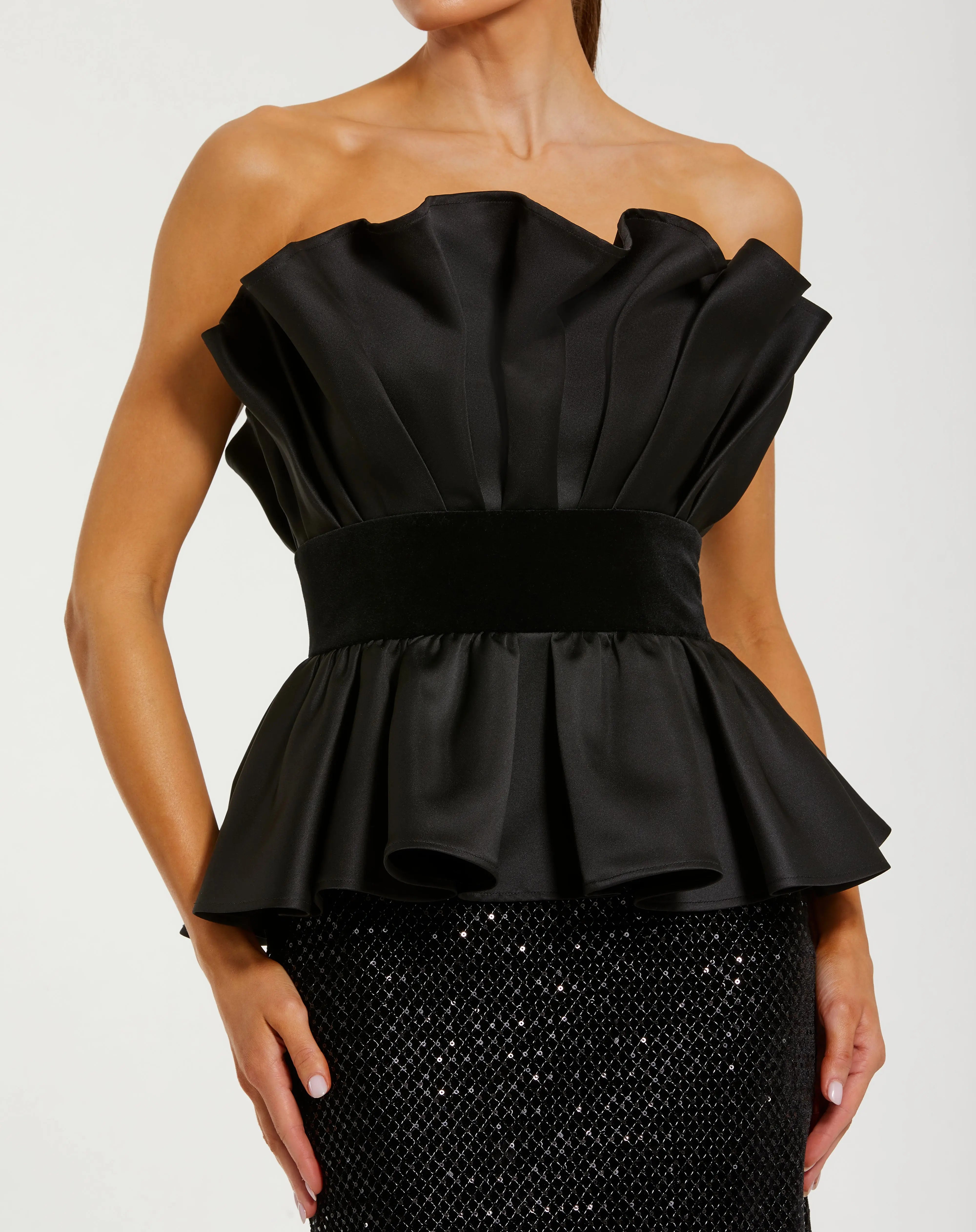 Black Strapless Satin Peplum Sequin Column Gown Mac Duggal