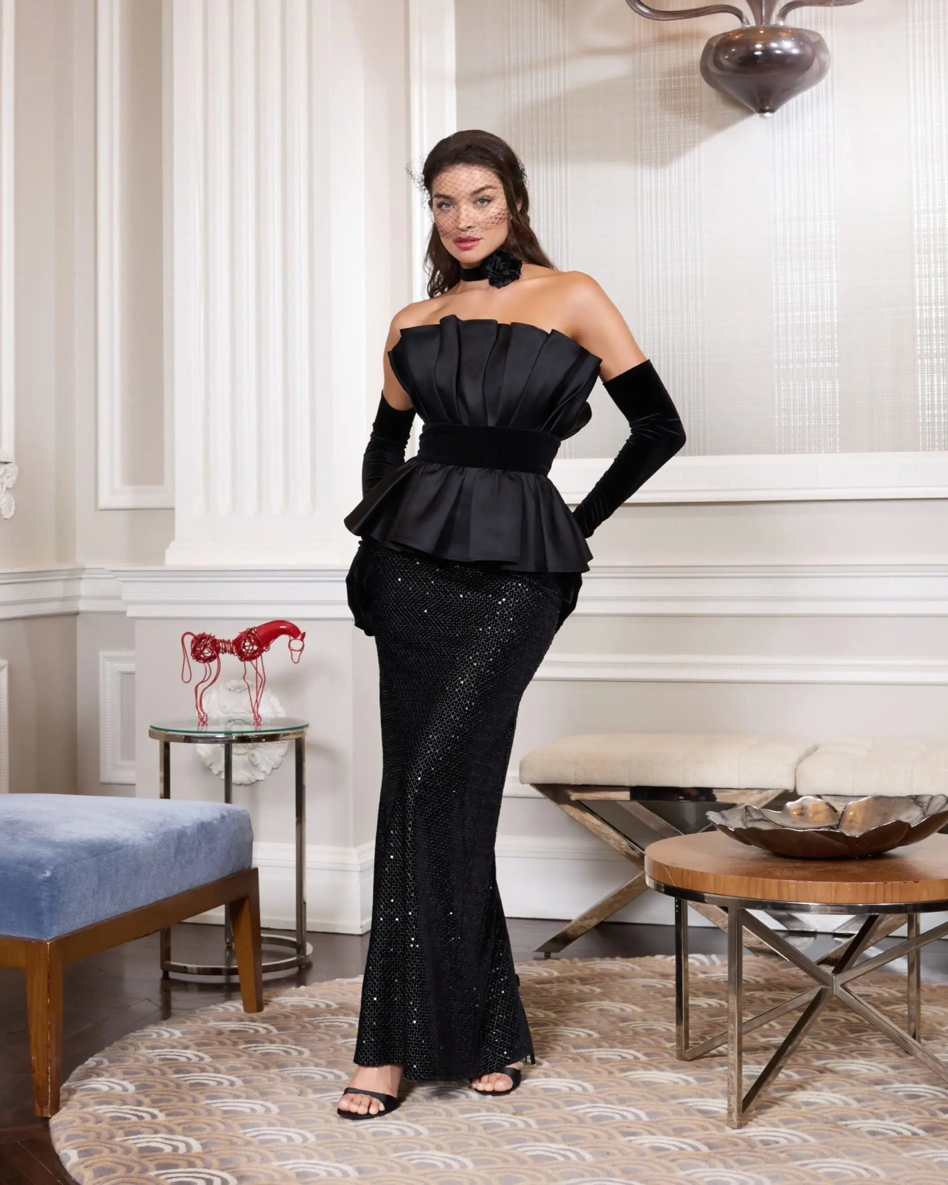 Black Strapless Satin Peplum Sequin Column Gown - Mac Duggal