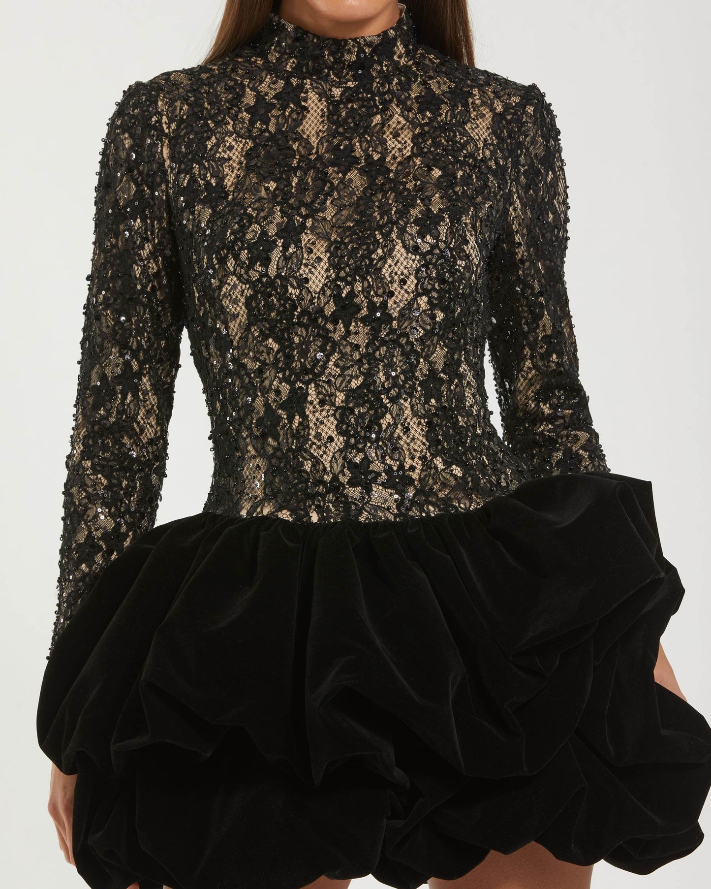 Black Mock Neck Long Sleeve Lace And Velvet Mini Dress - Ieena for Mac Duggal
