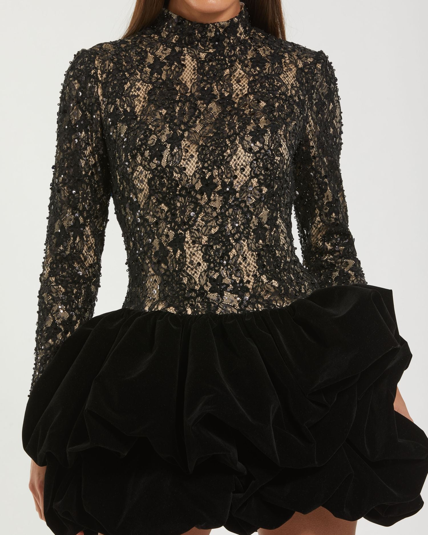 Black Mock Neck Long Sleeve Lace And Velvet Mini Dress Ieena for Mac Duggal