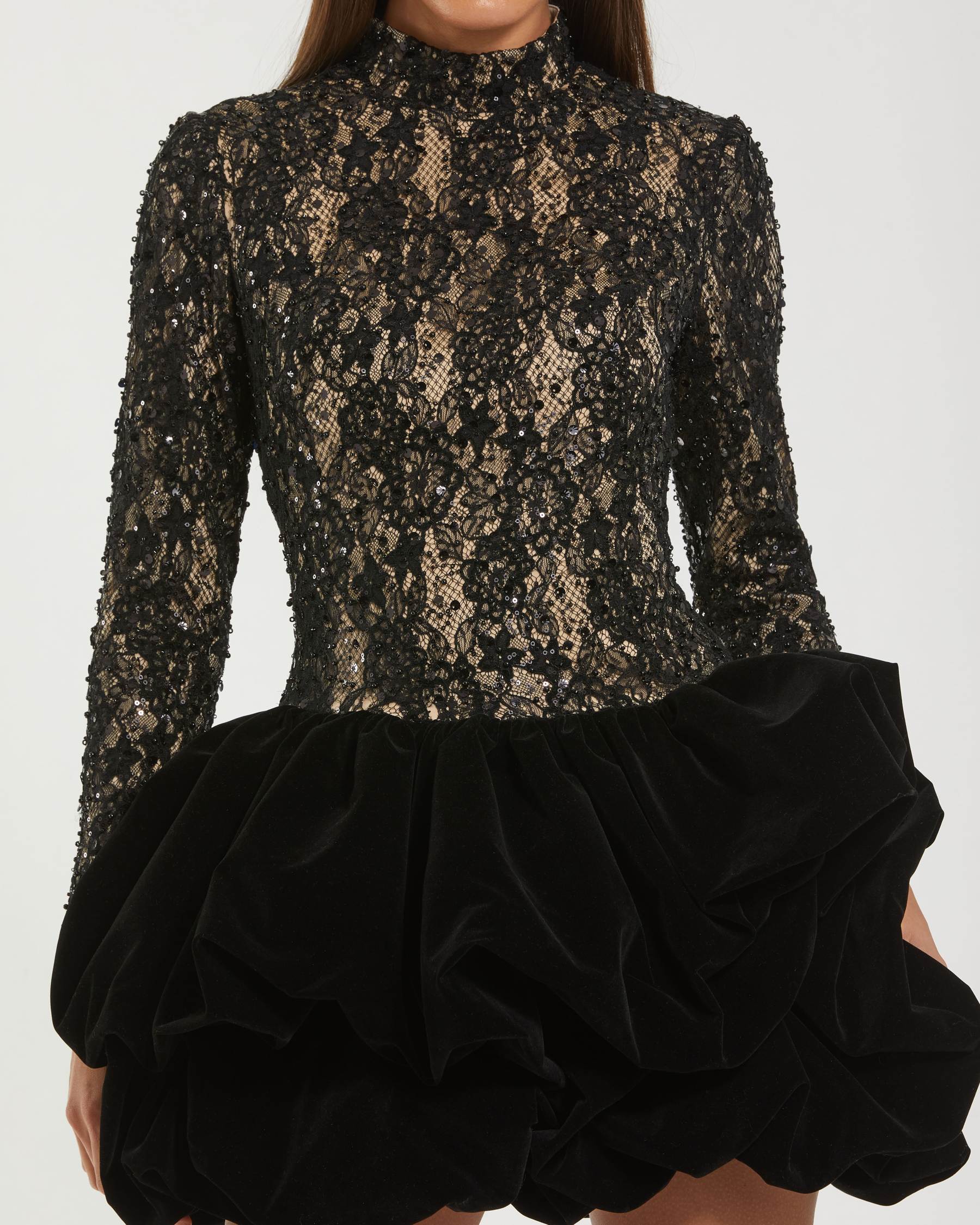Black Mock Neck Long Sleeve Lace And Velvet Mini Dress - Ieena for Mac Duggal