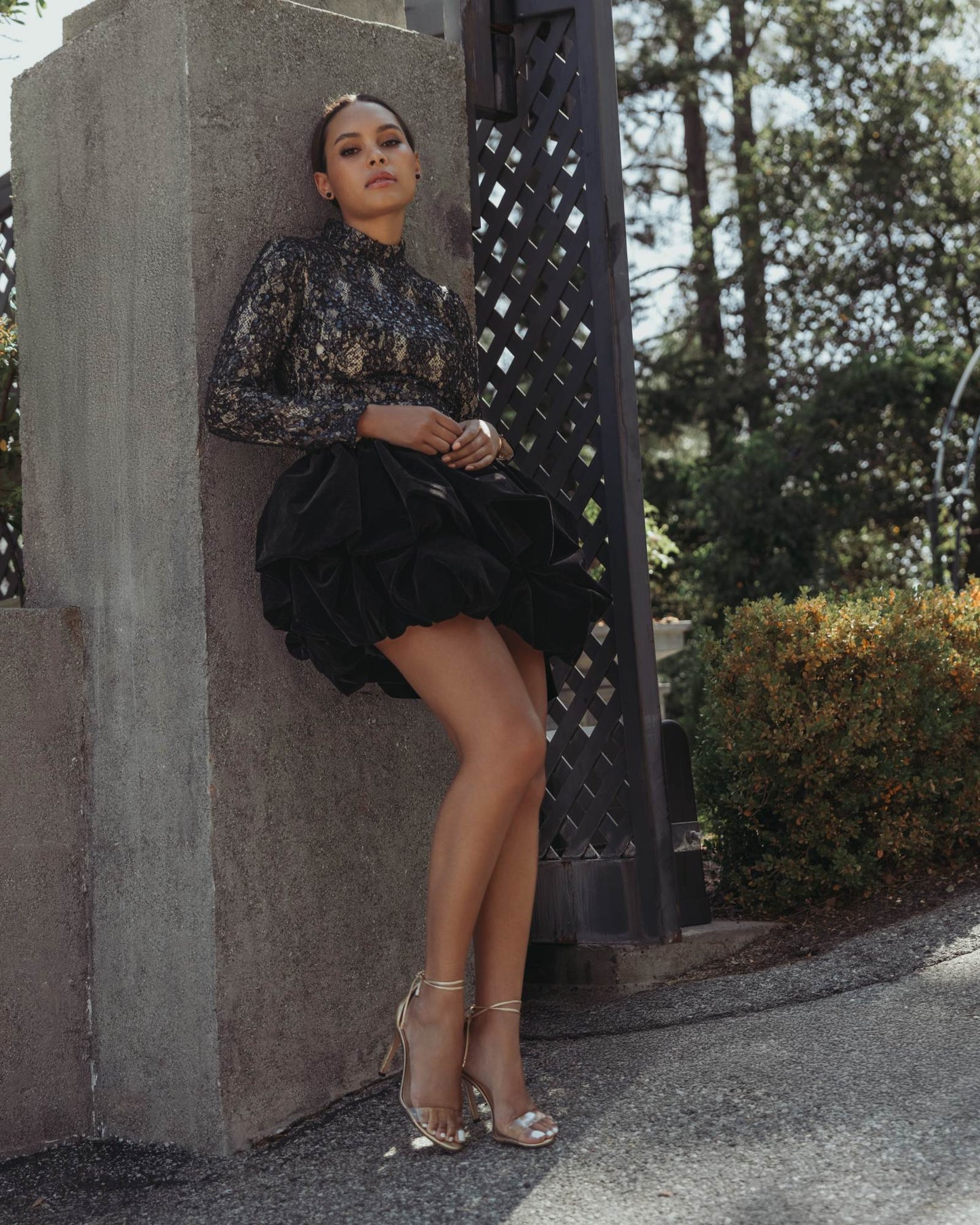 Black Mock Neck Long Sleeve Lace And Velvet Mini Dress Ieena for Mac Duggal