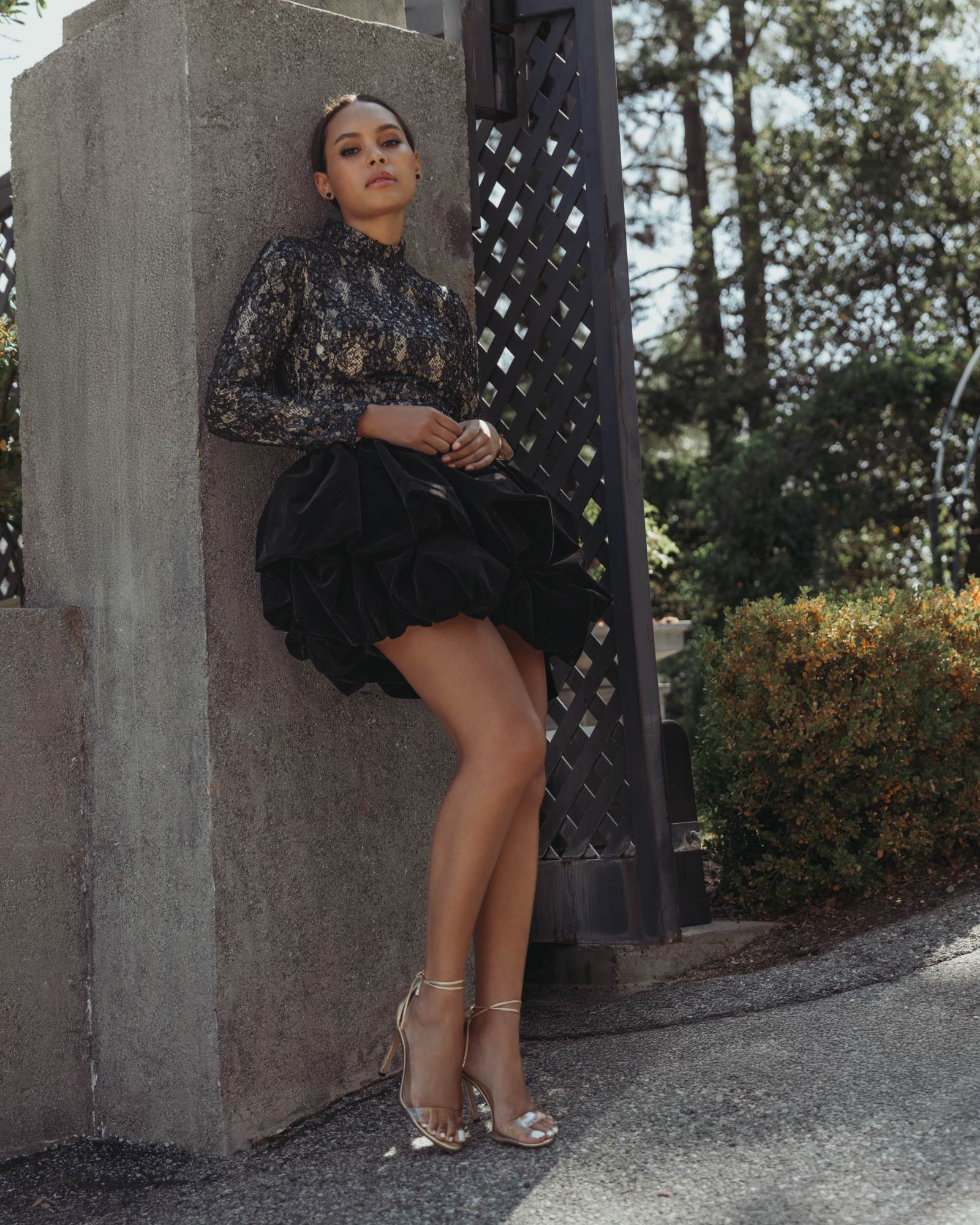 Black Mock Neck Long Sleeve Lace And Velvet Mini Dress Ieena for Mac Duggal