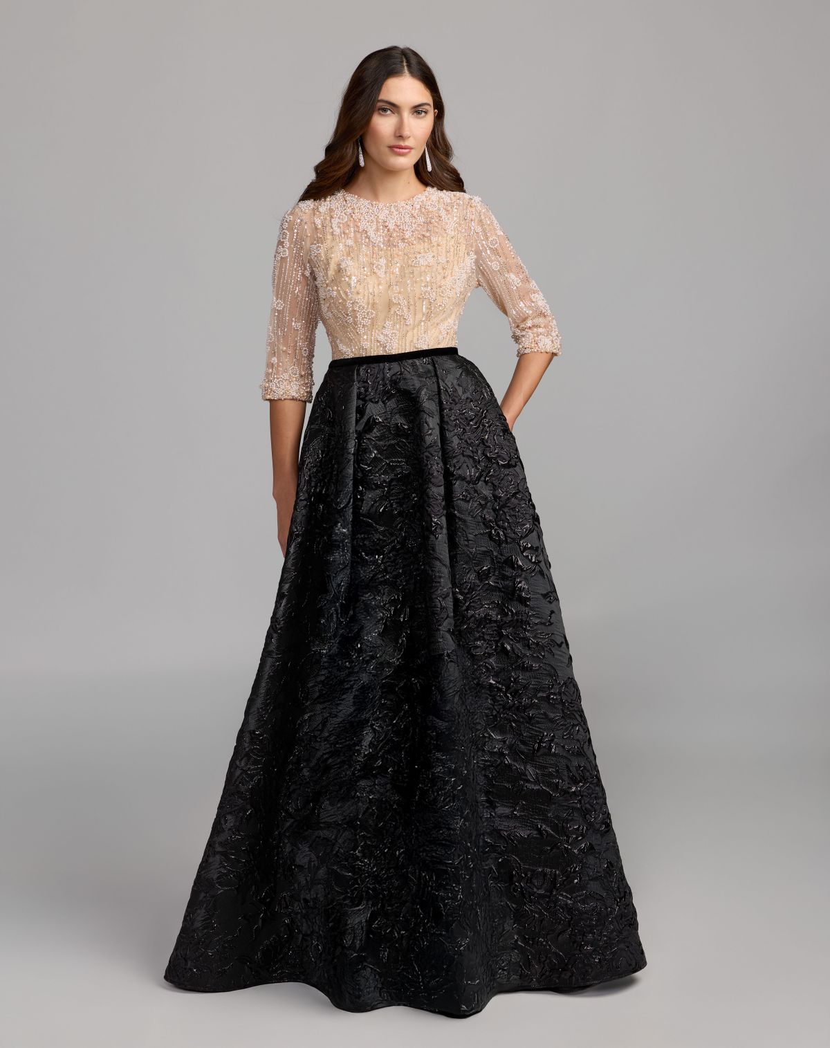 Beige and Black Embellished Brocade Gown With 3/4 Sleeves - Mac Duggal