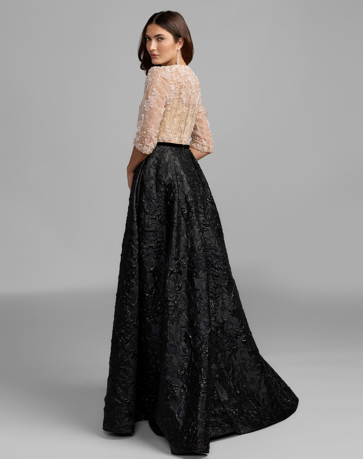Beige and Black Embellished Brocade Gown With 3/4 Sleeves - Mac Duggal