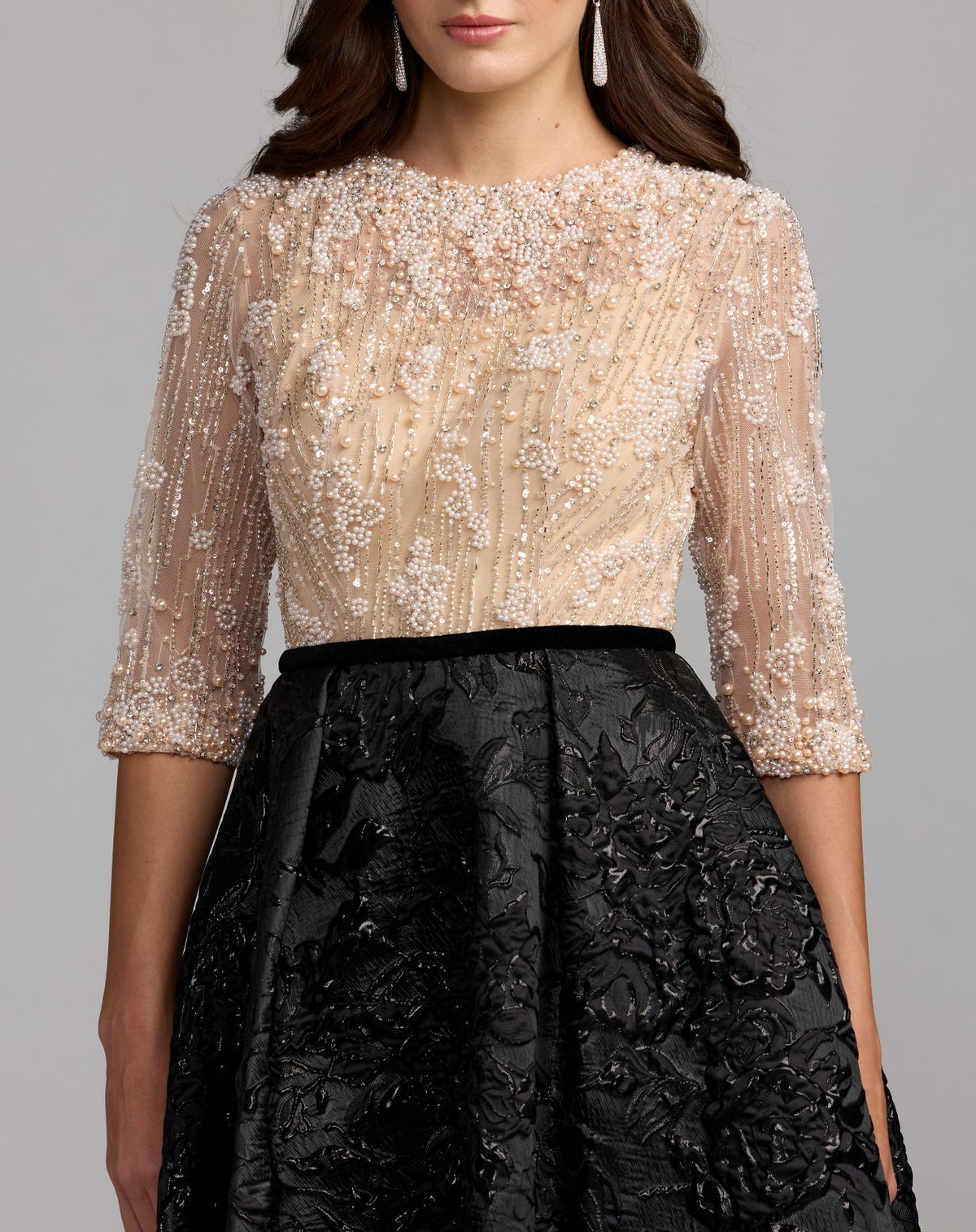 Beige and Black Embellished Brocade Gown With 3/4 Sleeves - Mac Duggal