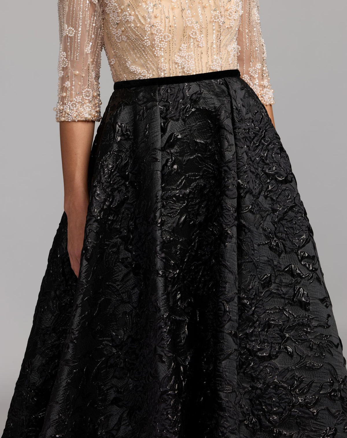 Beige and Black Embellished Brocade Gown With 3/4 Sleeves - Mac Duggal