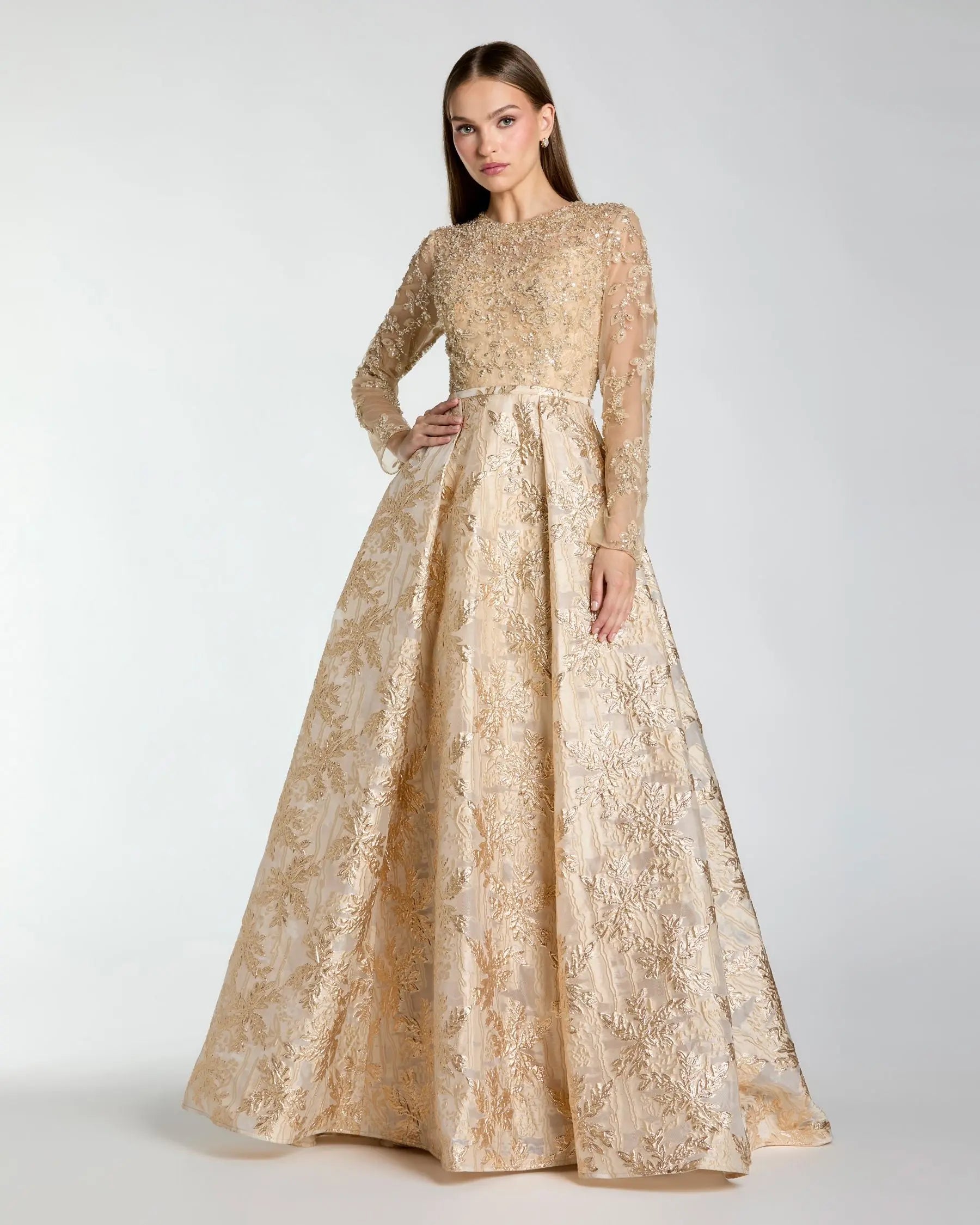 Gold Embellished Long Sleeve Brocade Ball Gown