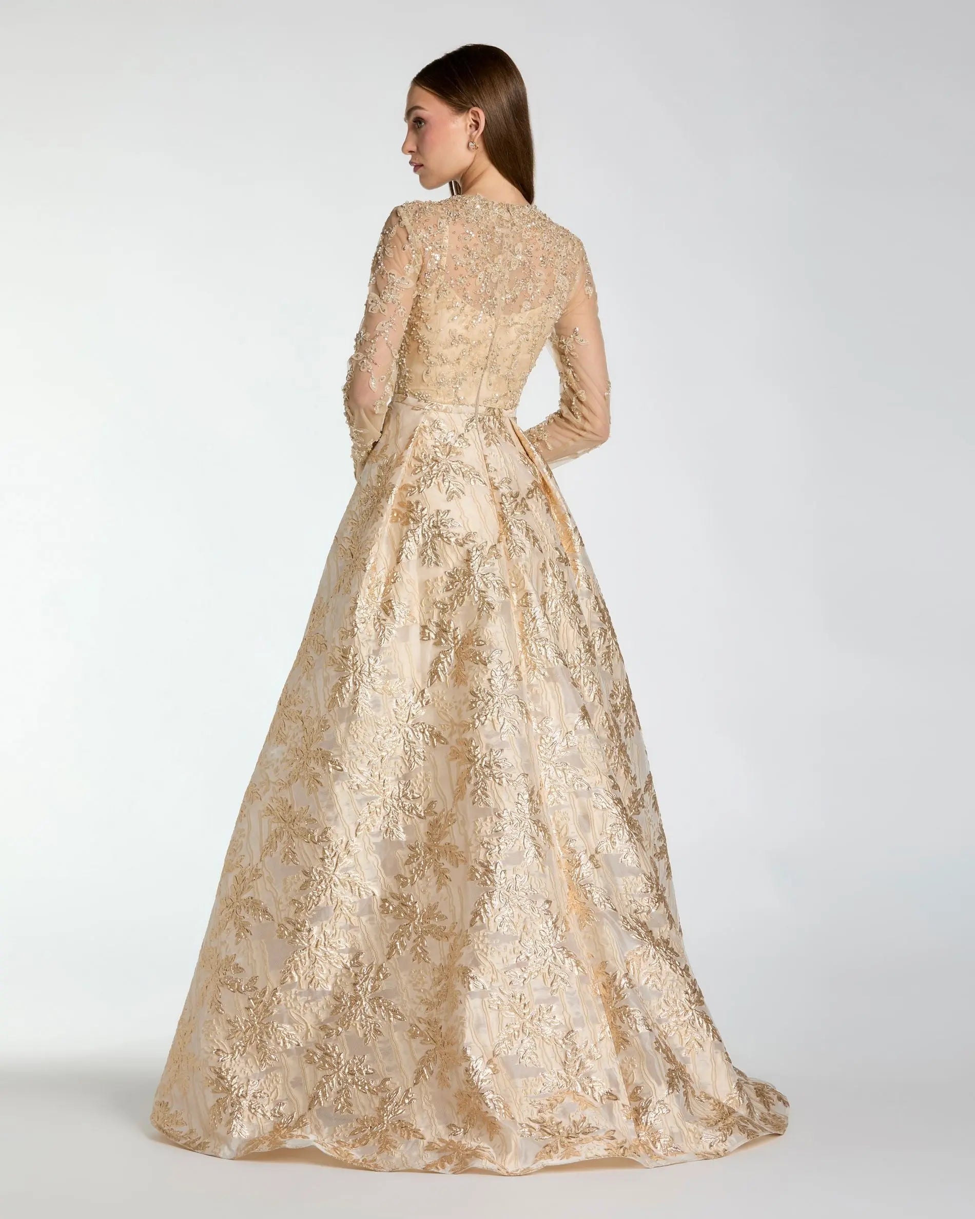 Gold Embellished Long Sleeve Brocade Ball Gown - Mac Duggal