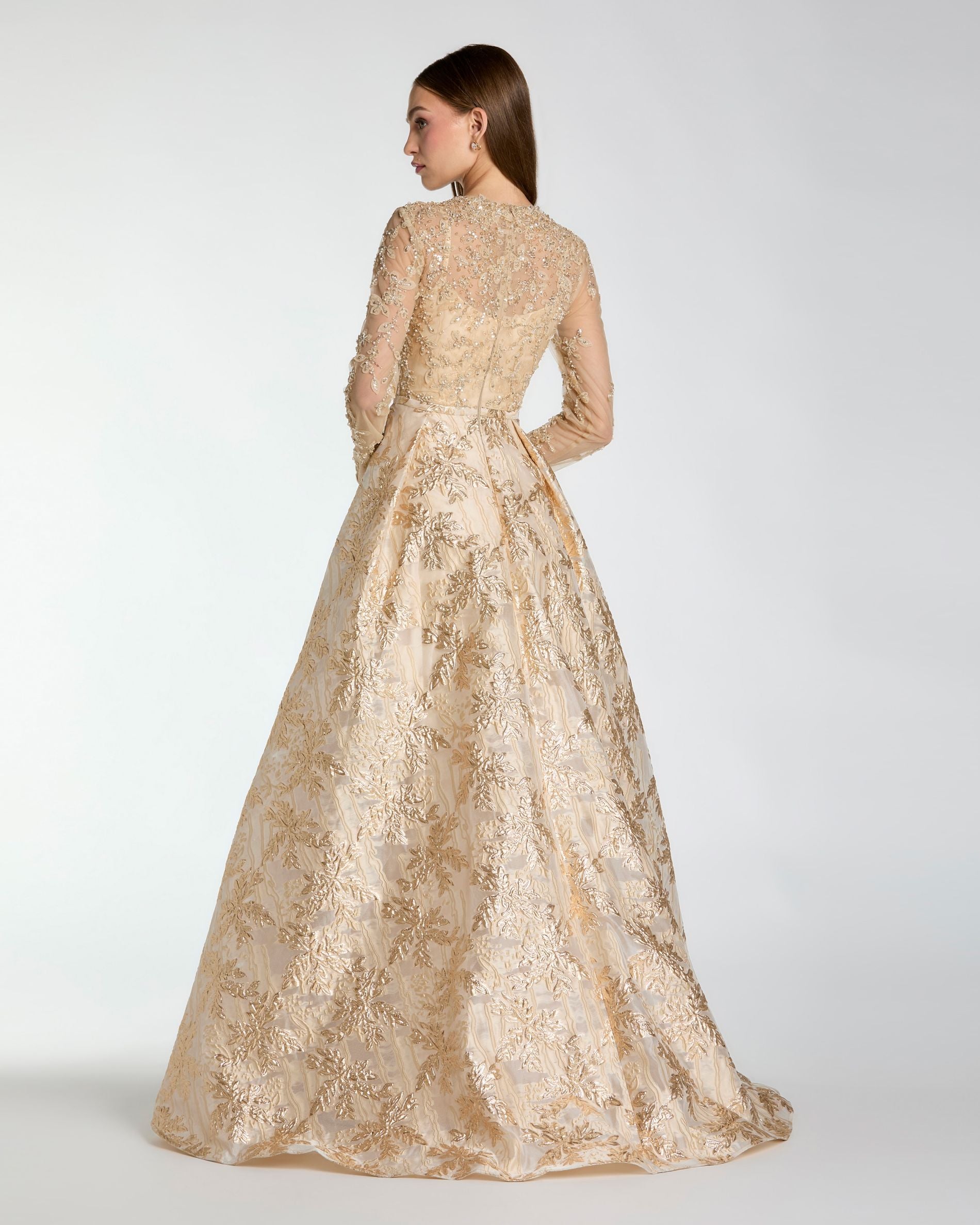 Light Gold Long Sleeve Beaded Brocade Skirt Ball Gown - Mac Duggal