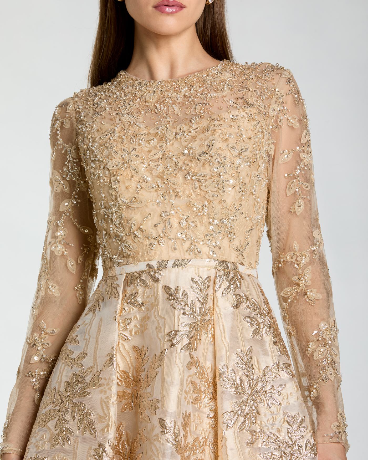 Light Gold Long Sleeve Beaded Brocade Skirt Ball Gown - Mac Duggal