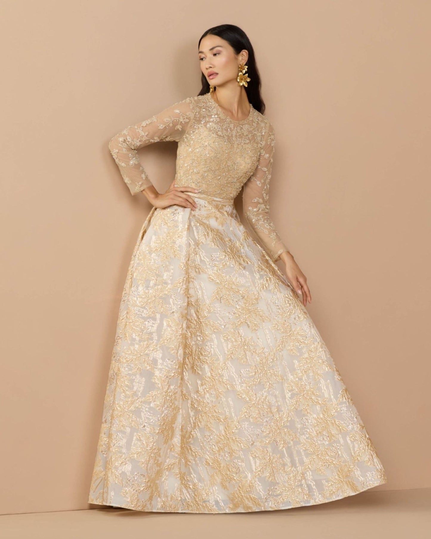 Light Gold Long Sleeve Beaded Brocade Skirt Ball Gown