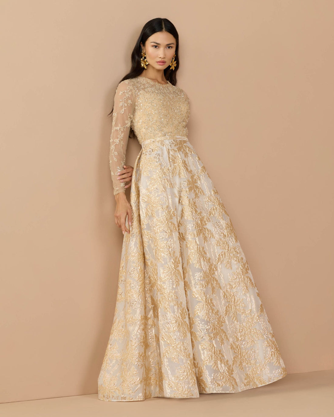Light Gold Long Sleeve Beaded Brocade Skirt Ball Gown