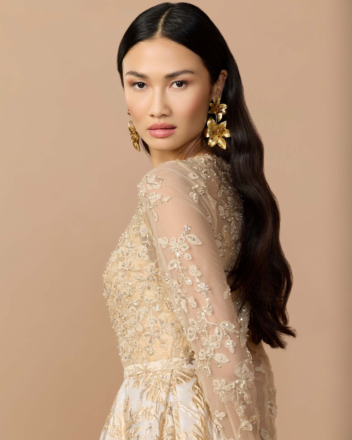 Light Gold Long Sleeve Beaded Brocade Skirt Ball Gown