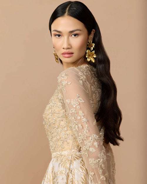 Light Gold Long Sleeve Beaded Brocade Skirt Ball Gown