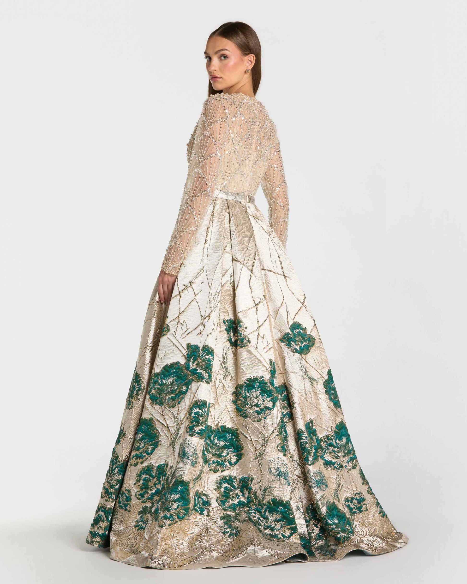 Mac Duggal - Gold Long Sleeve Embellished Floral Brocade Ball Gown - Champagne Teal / US 14 Mac Duggal - Gold Long Sleeve Embellished Floral Brocade Ball Gown - Champagne Teal / US 14