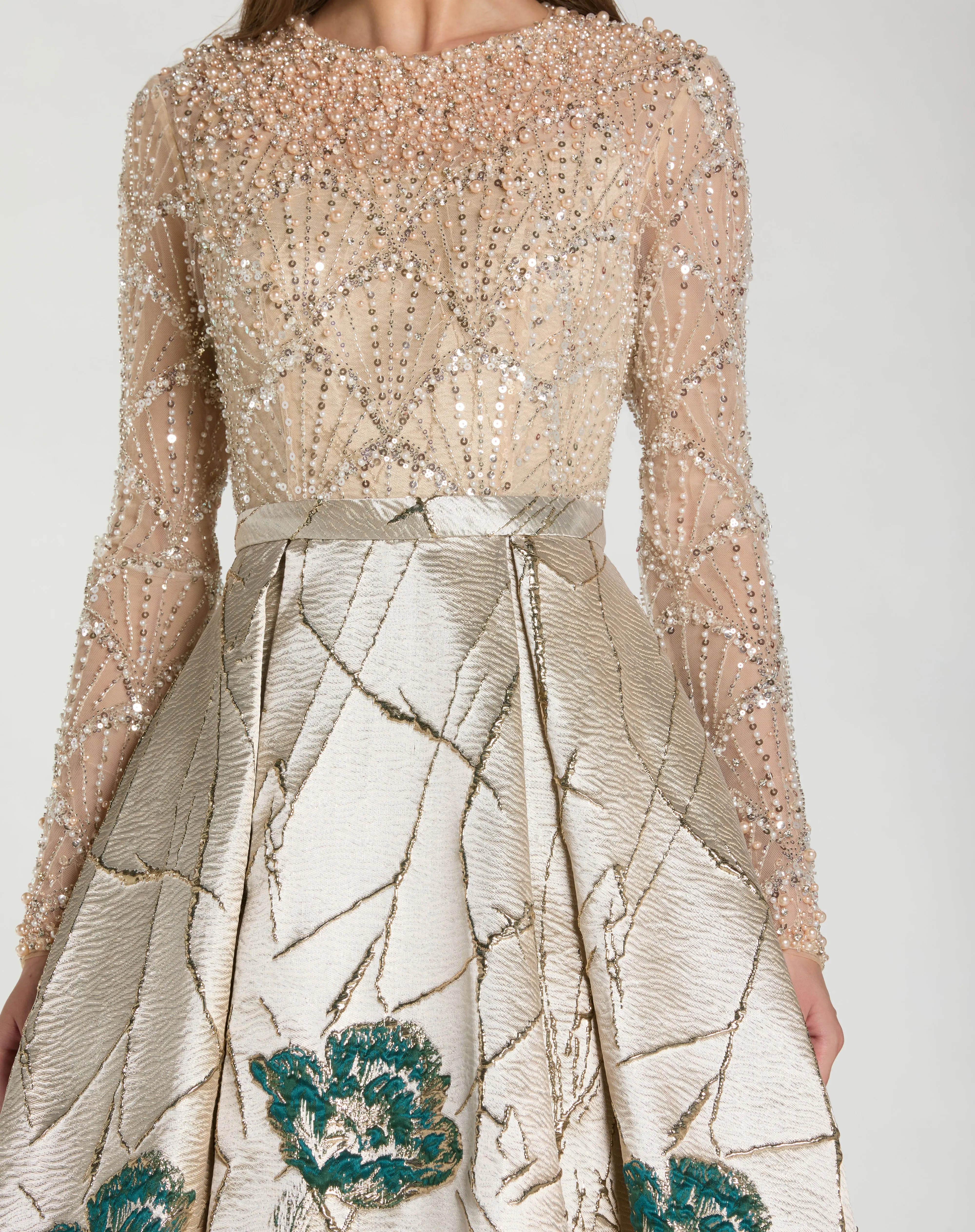 Gold Long Sleeve Embellished Floral Brocade Ball Gown Mac Duggal