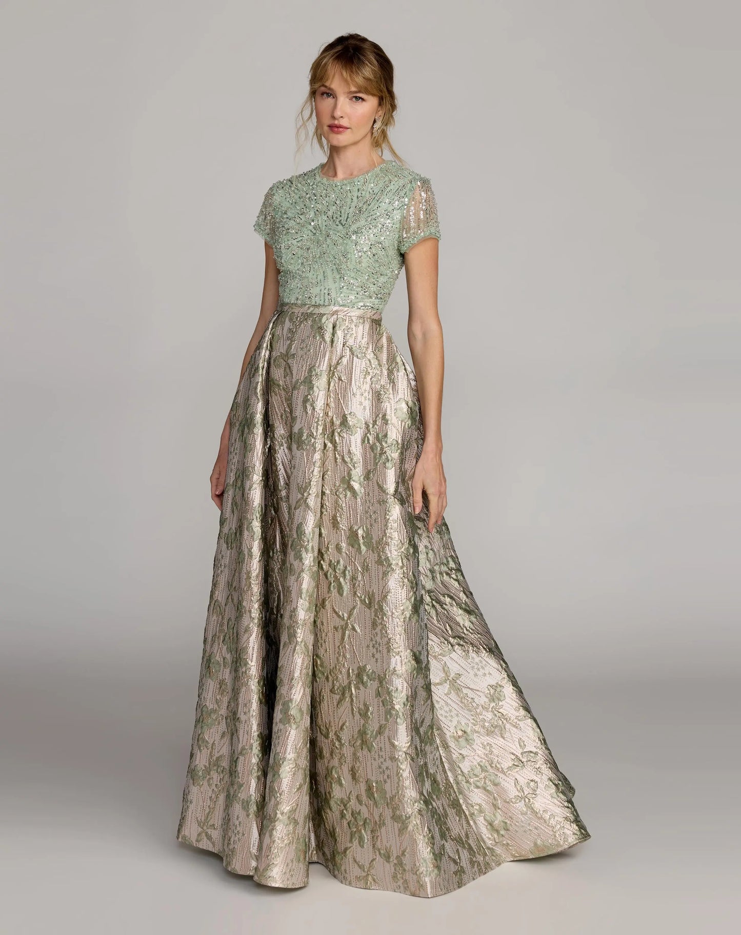 Green Sequin Cap Sleeve Brocade Ball Gown Mac Duggal