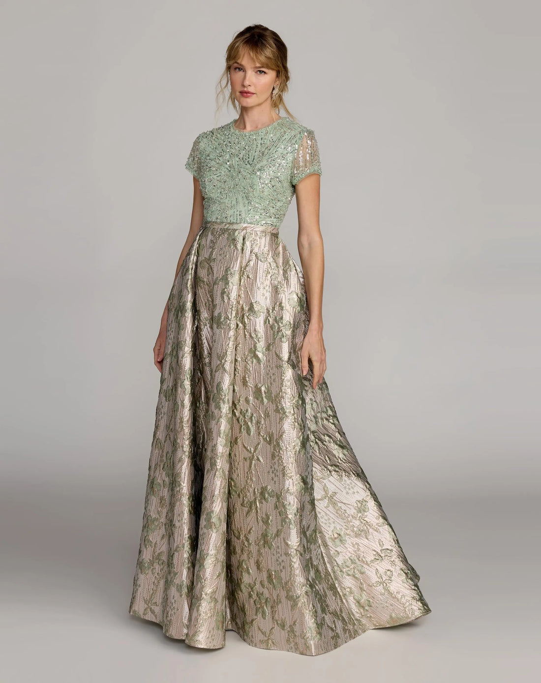 Green Sequin Cap Sleeve Brocade Ball Gown Mac Duggal
