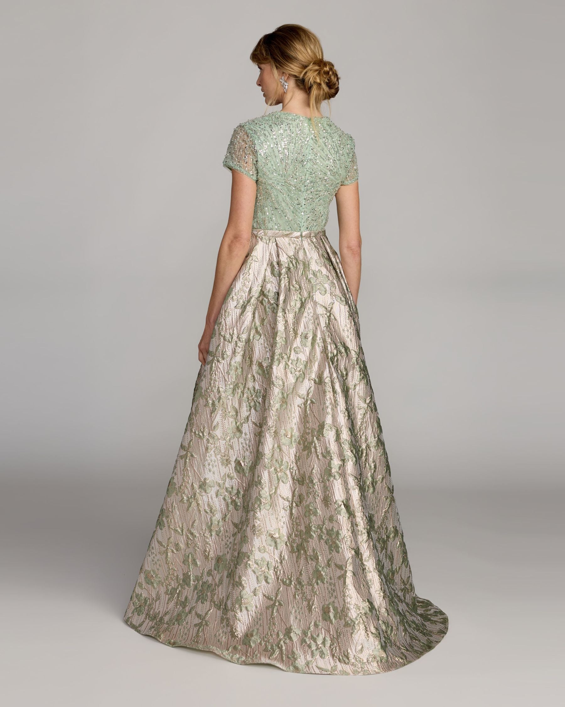 Green Sequin Cap Sleeve Brocade Ball Gown Mac Duggal