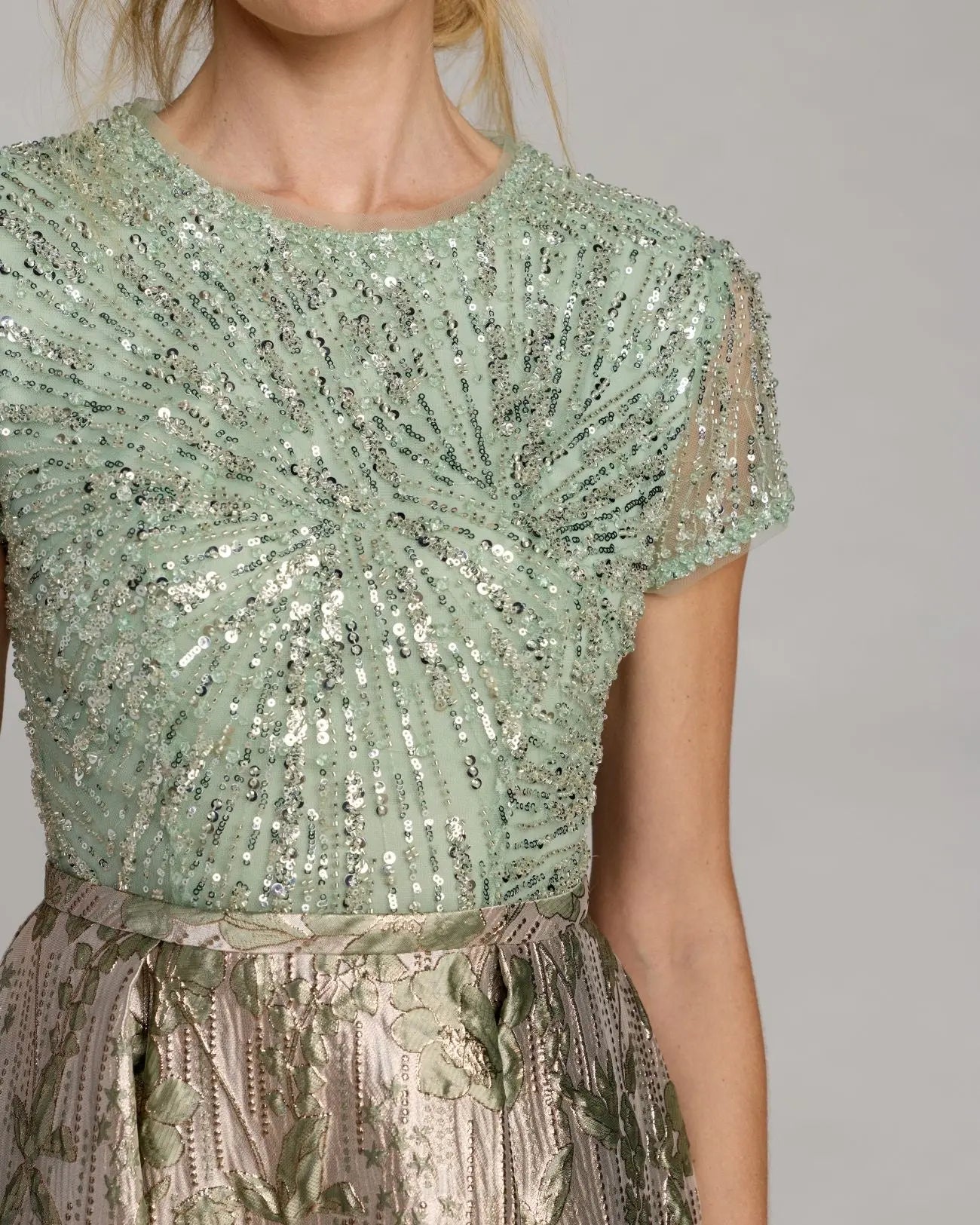 Green Sequin Cap Sleeve Brocade Ball Gown Mac Duggal