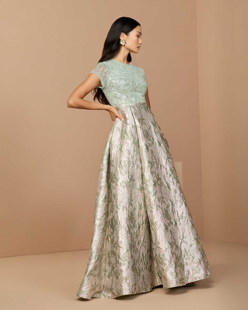 Green Sequin Cap Sleeve Brocade Ball Gown